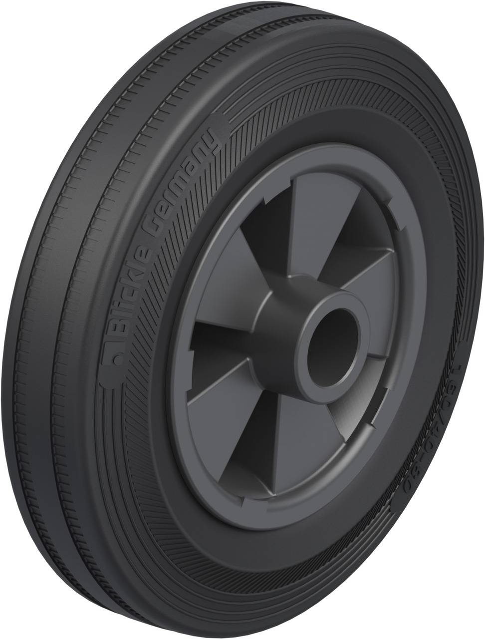 Ein grau-schwarzes Rad mit sieben Speichen, geeignet für Transportwagen, mit der Aufschrift 'Blickle Germany' an der Seite.