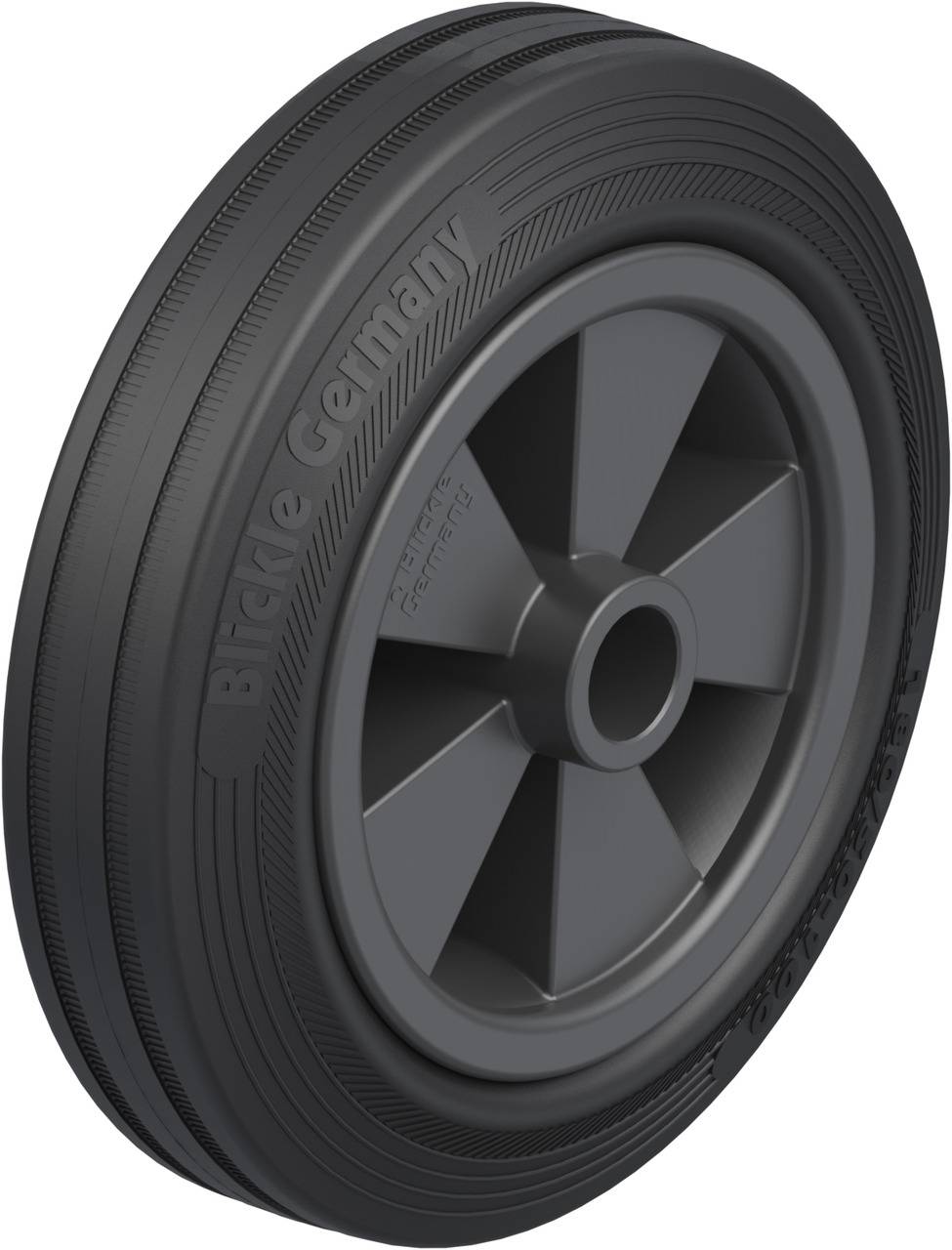 Schwarzes Rad mit Schriftzug 'Blickle Germany' auf der Seite, geeignet für Transportgeräte.