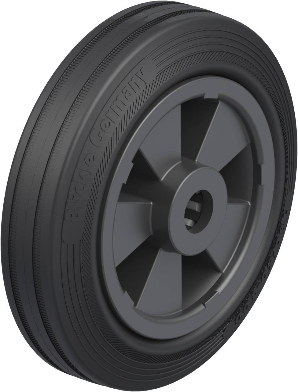 Ein einzelnes graues Kunststoffrad mit Profil und glatt gestaltetem Innenring.