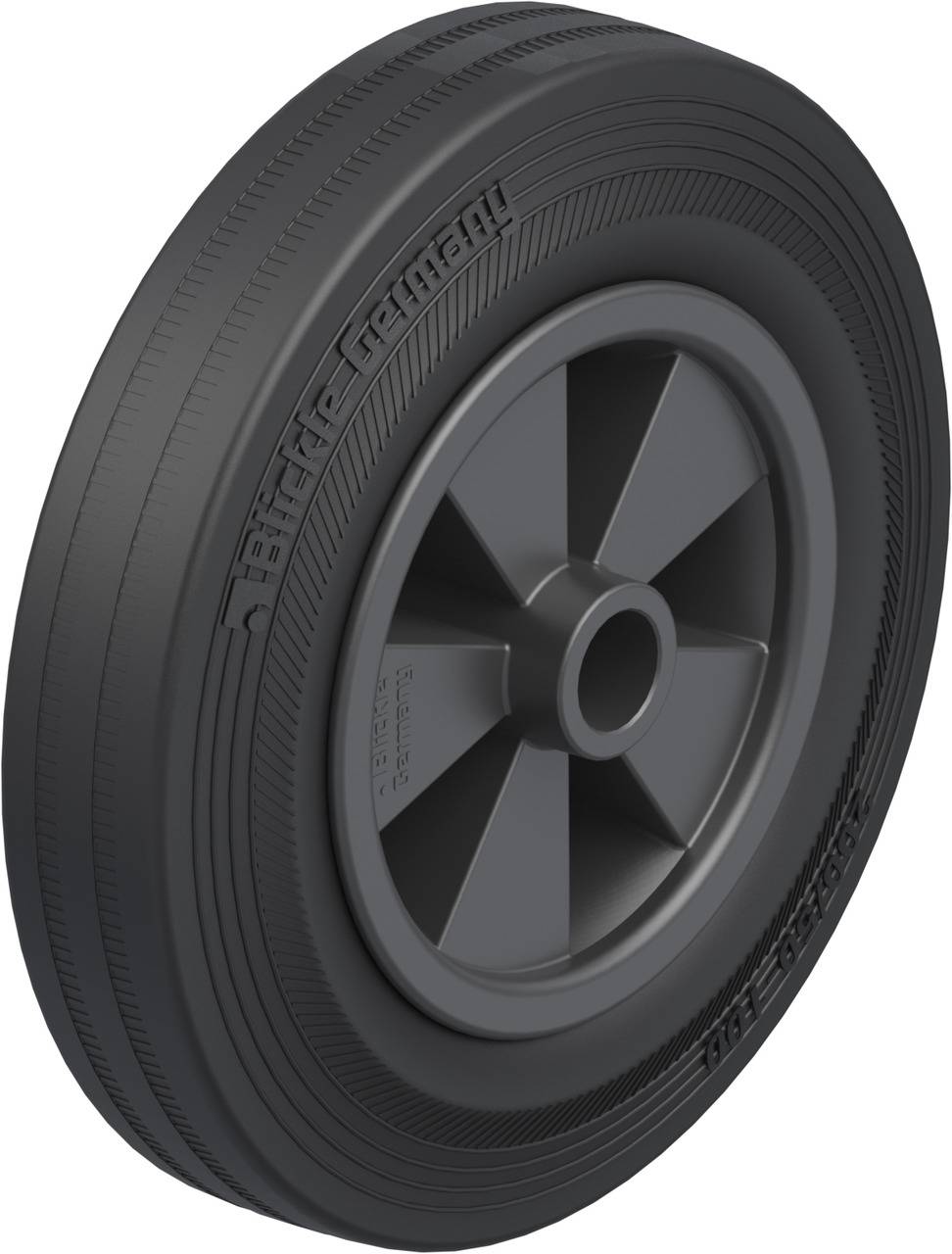 Graues Kunststoffrad mit mittlerer Nabe und Laufflächenprofil, geeignet für leichte bis mittelschwere Lasten.