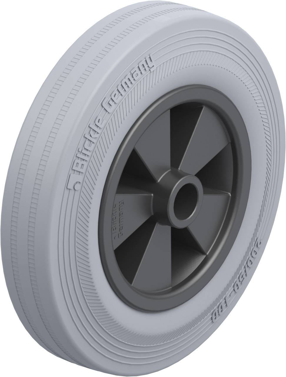 Graues Rad mit schwarzer Felge und der Aufschrift 'Glide Company'. Geeignet für Wagen und Trolleys.