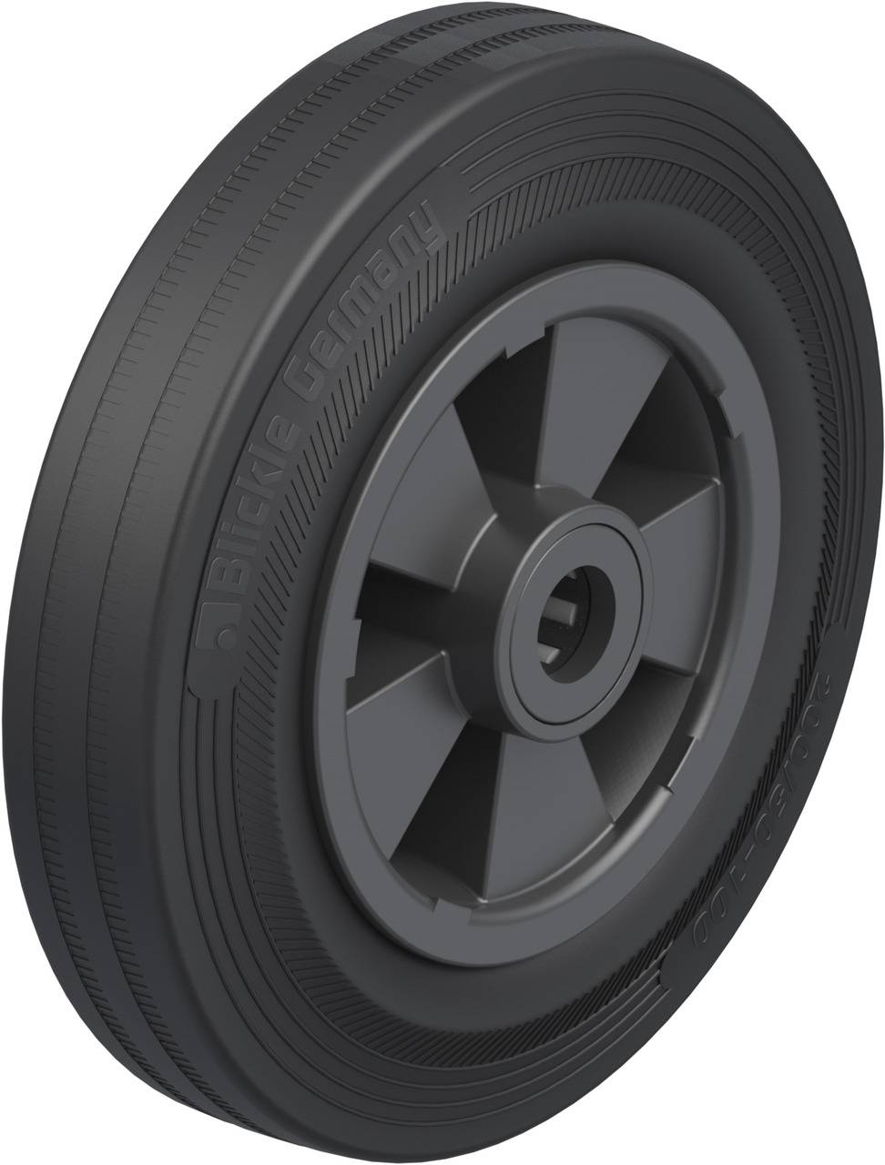 Ein graues Kunststoffrad mit gerippter Oberfläche und zentraler Nabe. Darauf steht 'Blickle Germany'.