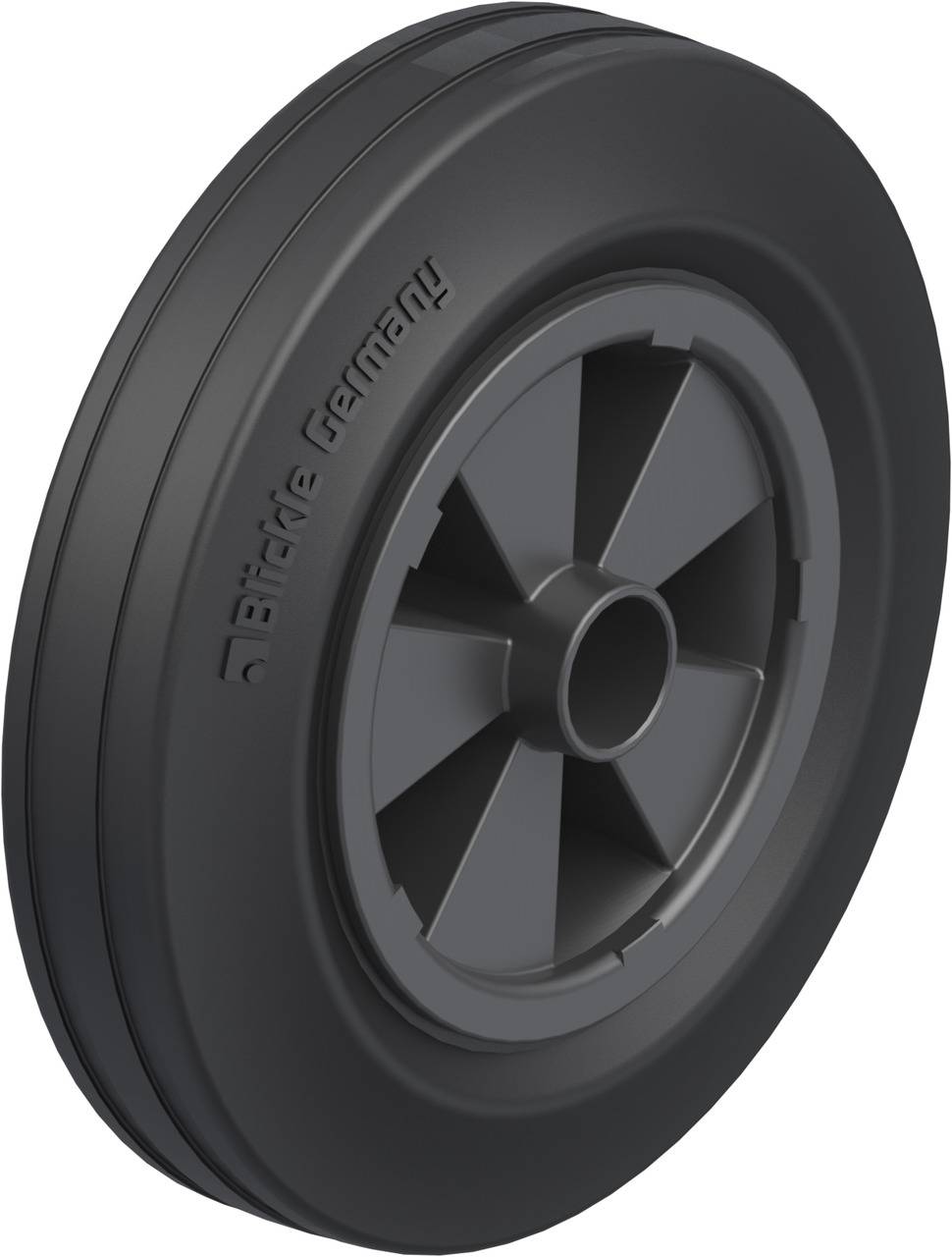 Rad aus schwarzem Kunststoff mit eingeprägtem Text 'Blickle Germany', das radiale Streben und eine zentrale Nabe zeigt.