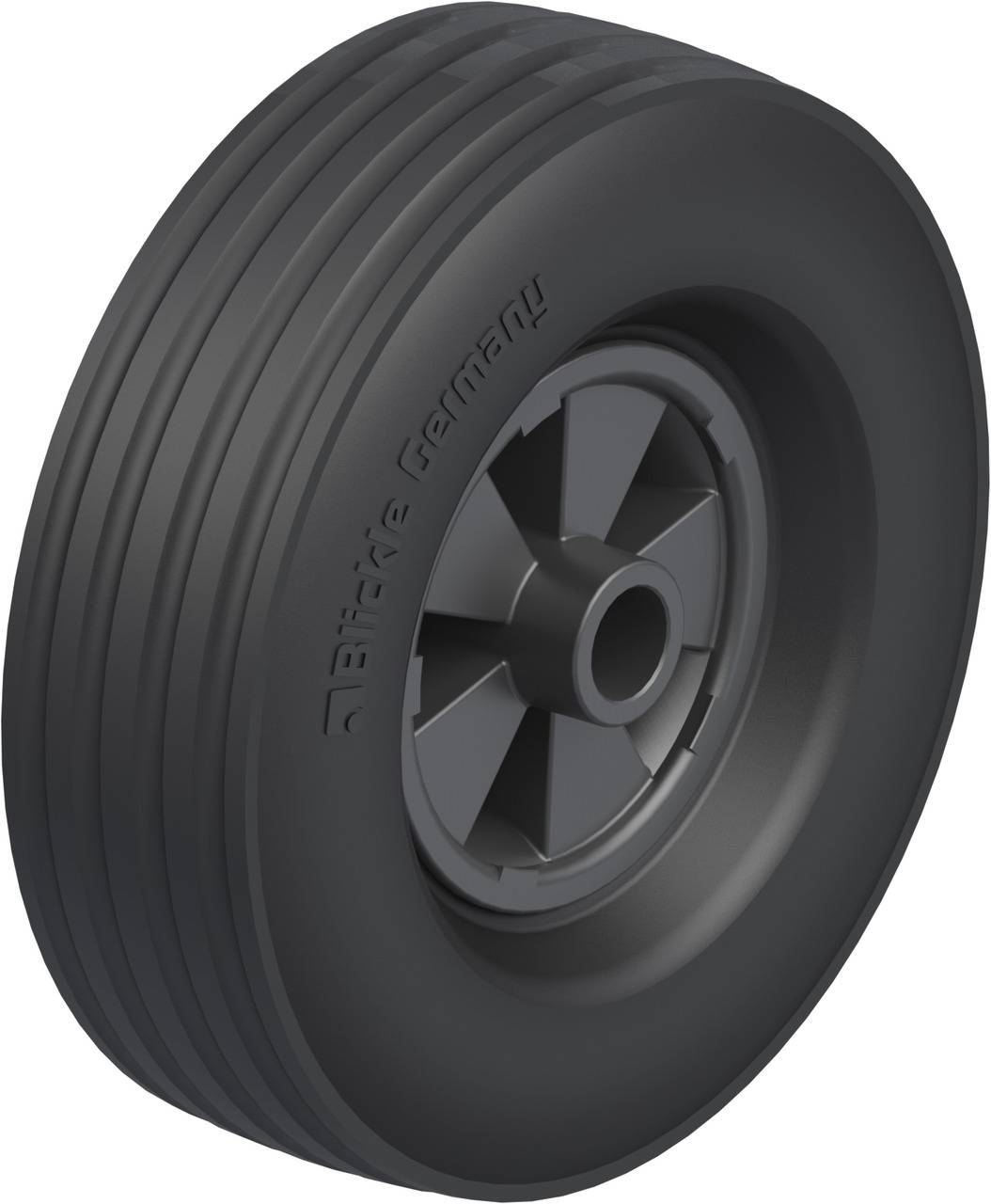 Schwarzes Industriegerät-Rad, robustes Kunststoffmaterial, mit mehreren Profillinien. Geeignet für schwere Lasten und maschinelle Anwendungen.