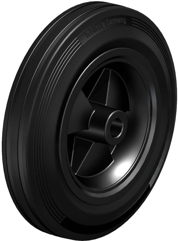 Ein schwarzes Rad mit schmalem Profil und tiefen Rillen aus Gummi, geeignet für leichte Transportanwendungen.
