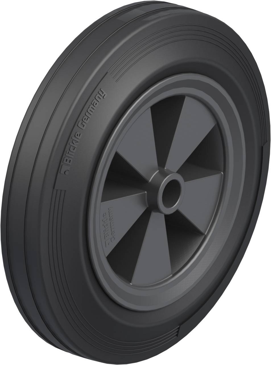 Graues Kunststoffrad mit zentralem Loch und radialen Speichen; geeignet für Transportwagen oder Geräte, hergestellt in Deutschland.