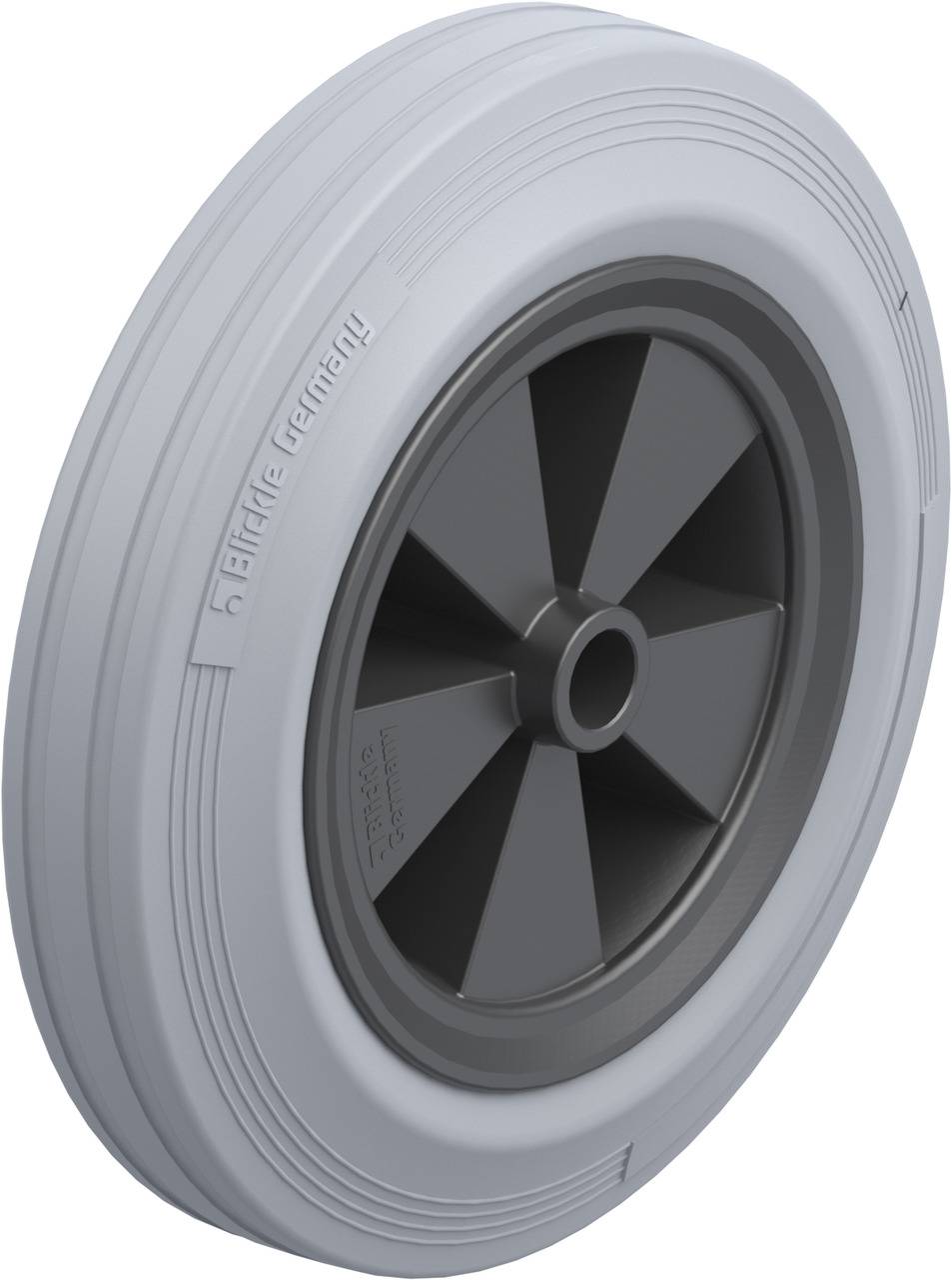 Ein graues Plastikrad mit schwarzen Speichen, geeignet für leichte Transportgeräte.