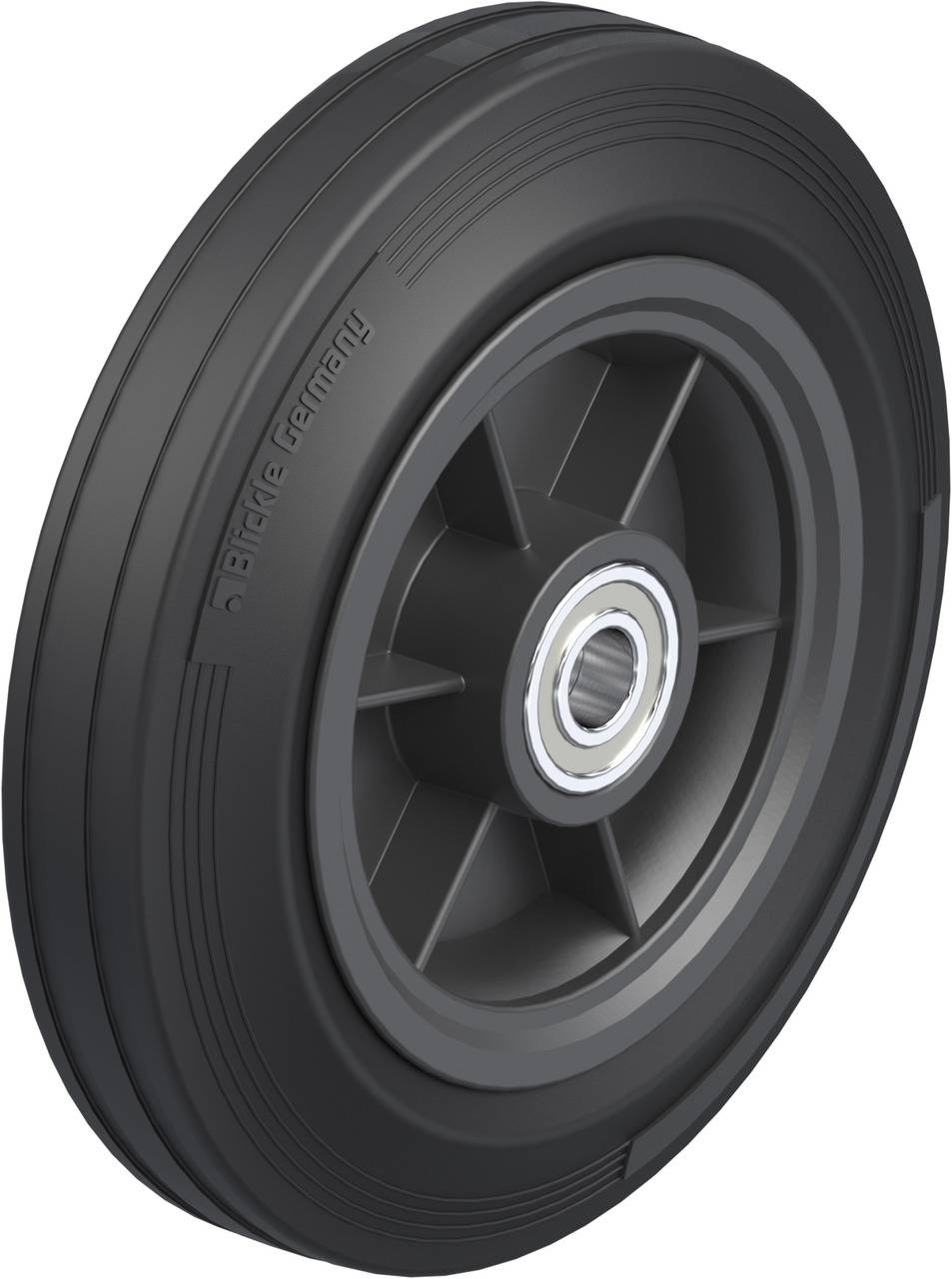 Schwarzes Kunststoffrad mit silbernem Kugellager und Rillen, vorgesehen für Lastentransport oder industrielle Anwendungen.
