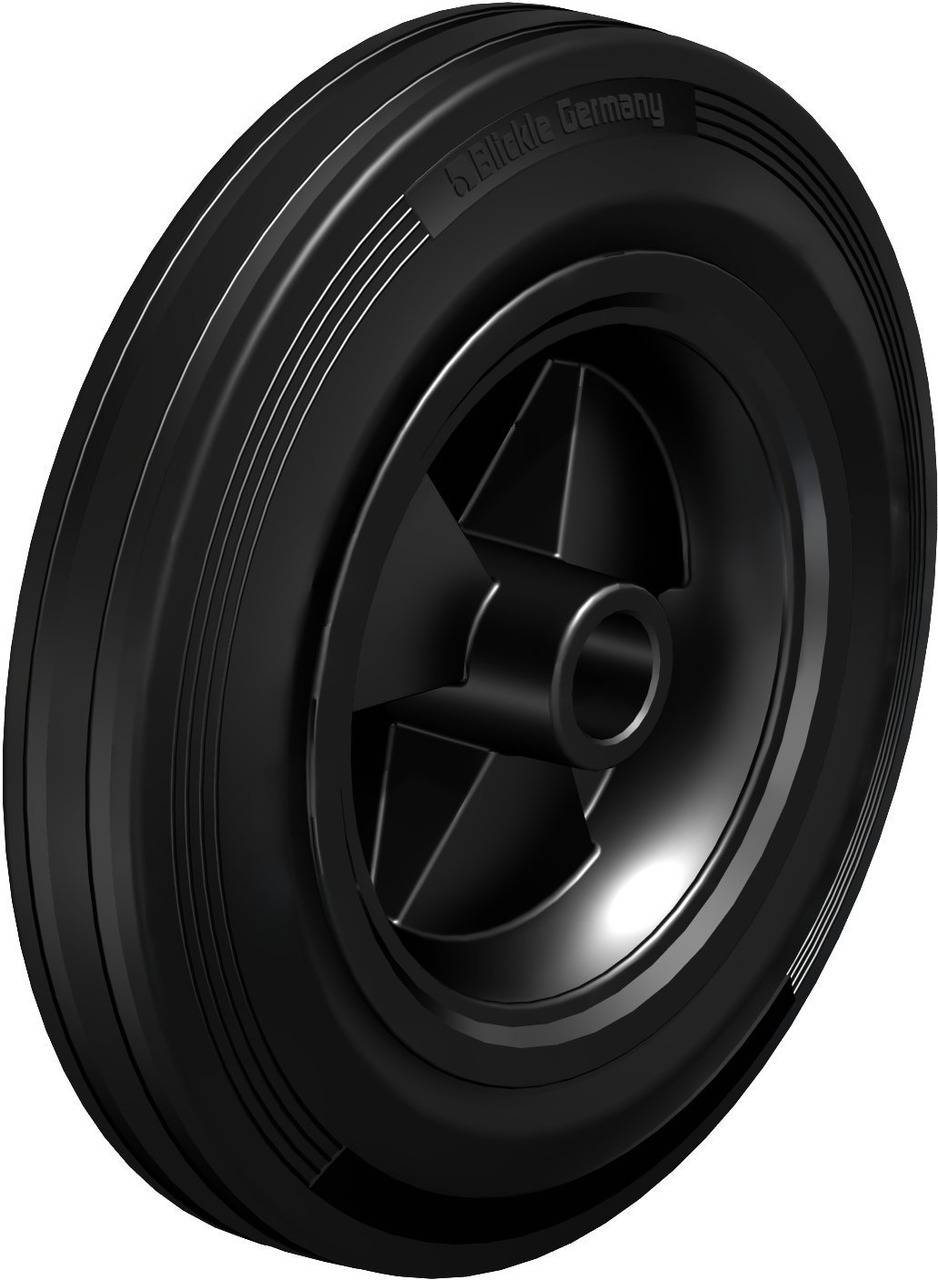 Ein schwarzes, massives Rollenrad mit glatter Oberfläche und tiefen Rillen; geeignet für schwere Lasten und industrielle Anwendungen.