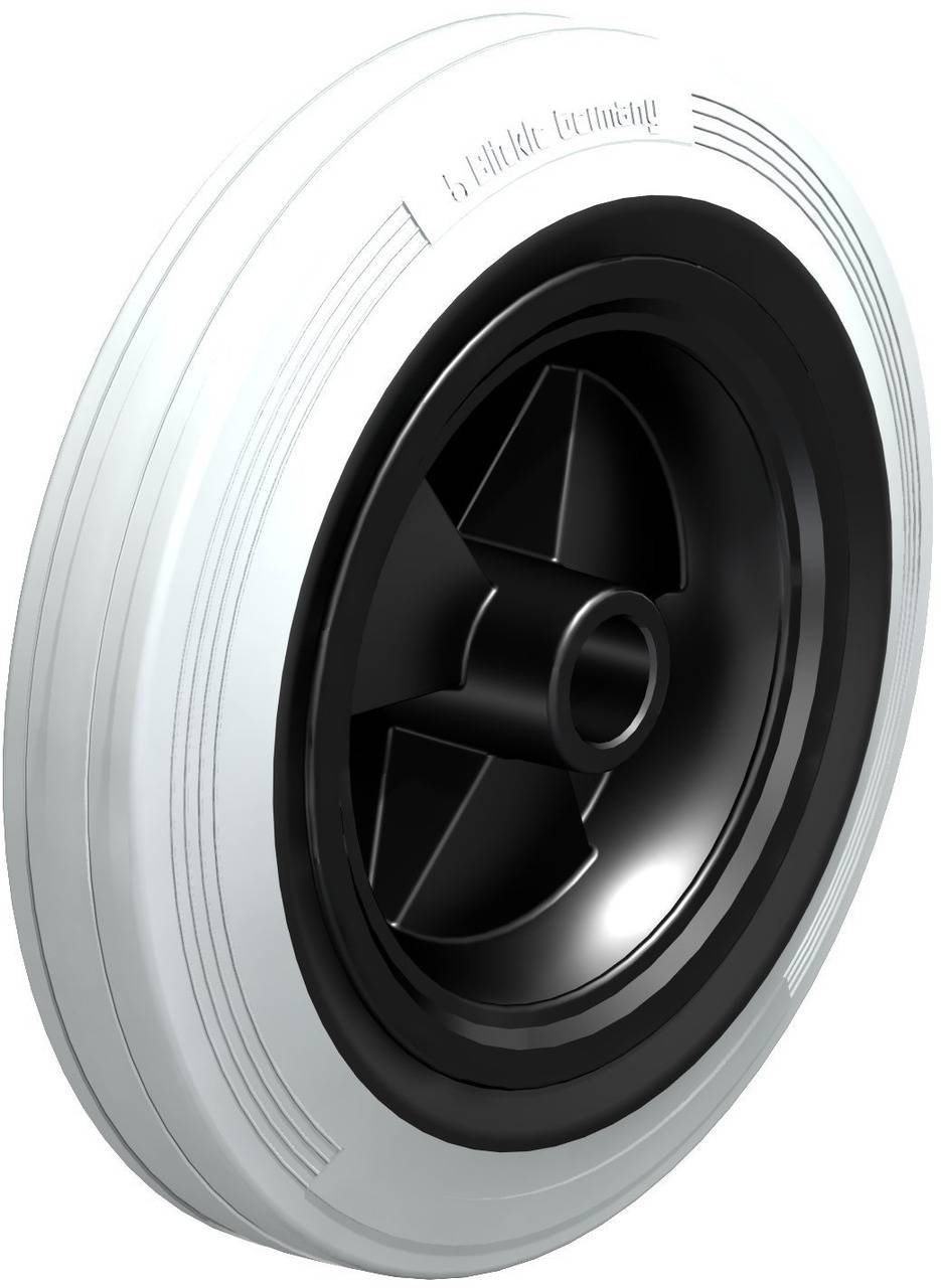 Ein schwarzes Rad mit einem weißen Reifen, einfaches Design, typisch für ein schlichtes Fahrzeug oder ein Gerät.