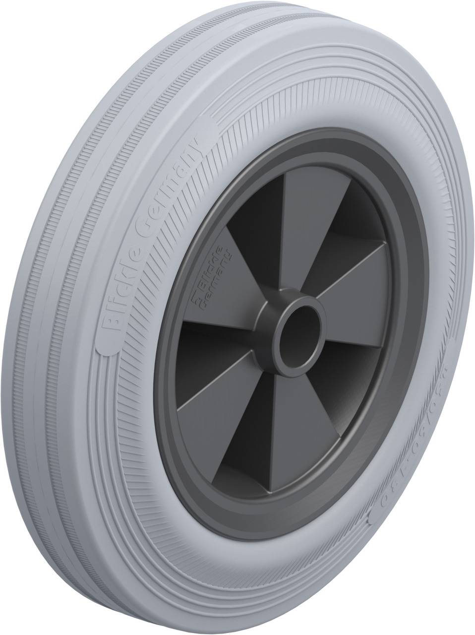 Ein graues, geripptes Rad mit schwarzer Felge, geeignet für Fahrräder oder Rollstühle; Modellname und Hersteller auf Reifen geprägt.