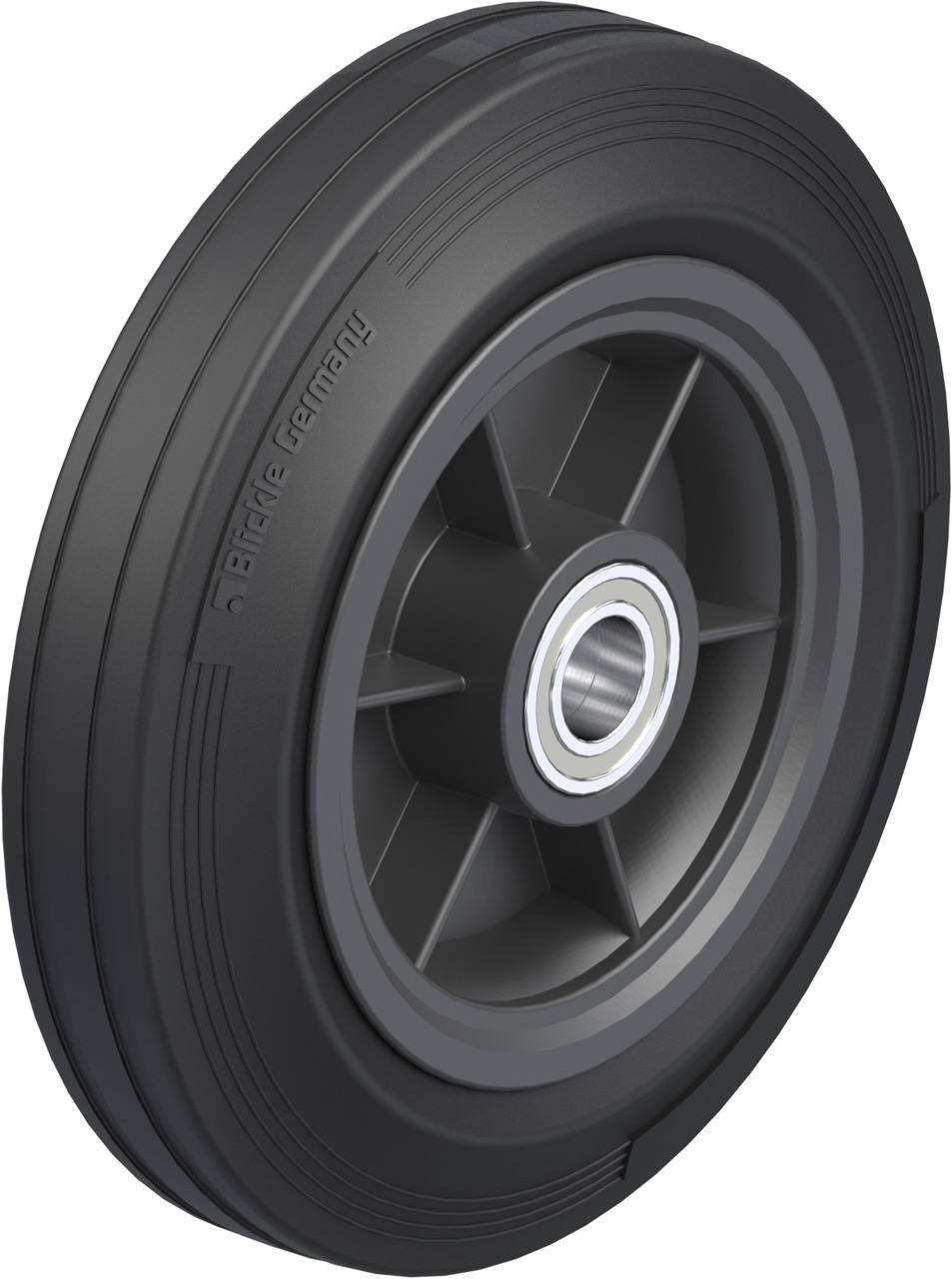 Schwarzes Rad mit silbernem Lager, robustes Design, geeignet für industrielle Anwendungen.