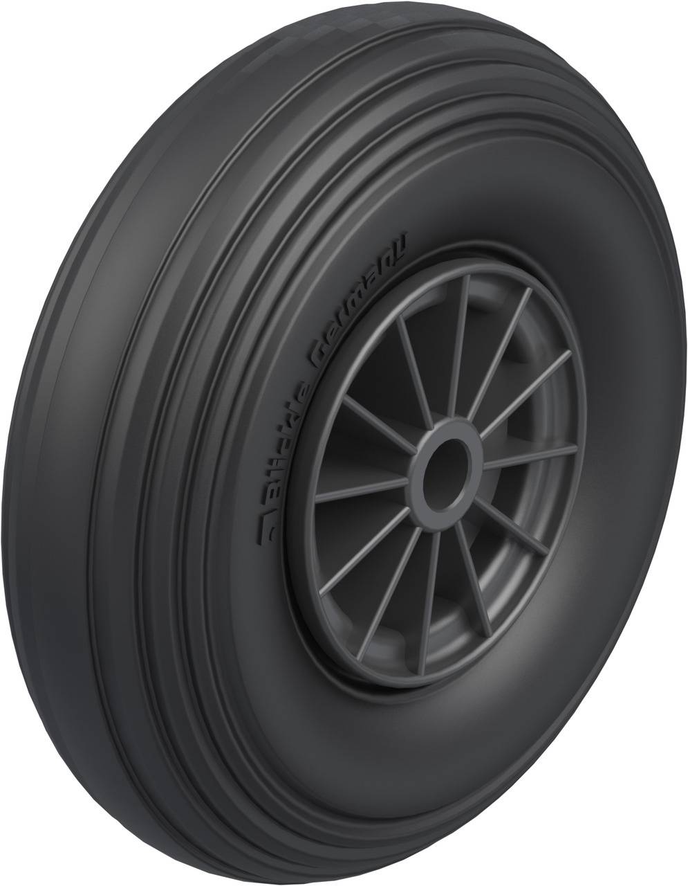 Ein schwarzes Flugzeugrad mit sichtbaren Rillen und Speichen. Markierung entlang der Seite: 'Bicycle Cordaro'.