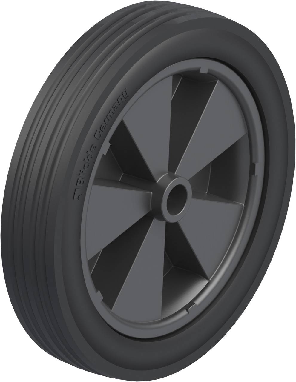 Ein graues Kunststoffrad mit geripptem Reifenprofil, geeignet für leichte Transportgeräte.