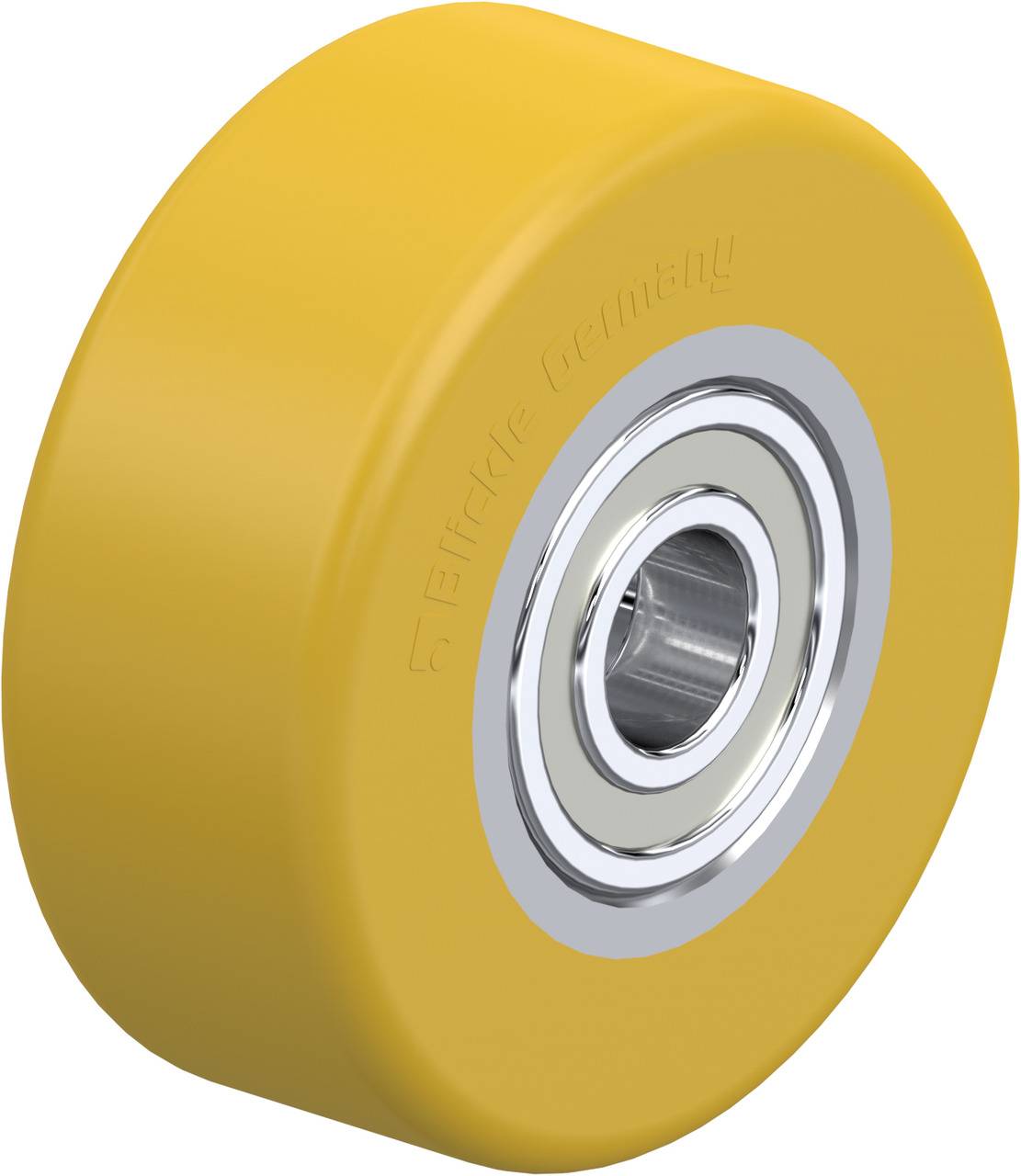Gelbes Rad mit Metallkugellager in der Mitte, verwendet für Maschinen oder Transportgeräte.