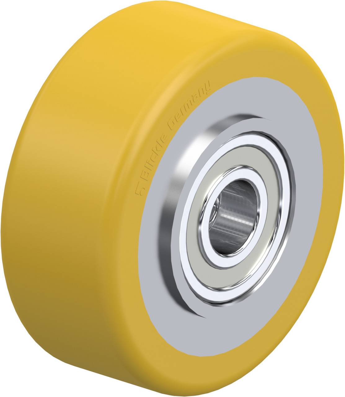 Gelbes Kunststoffrad mit Metallkugellager in der Mitte, oft verwendet für leichte Transportgeräte.