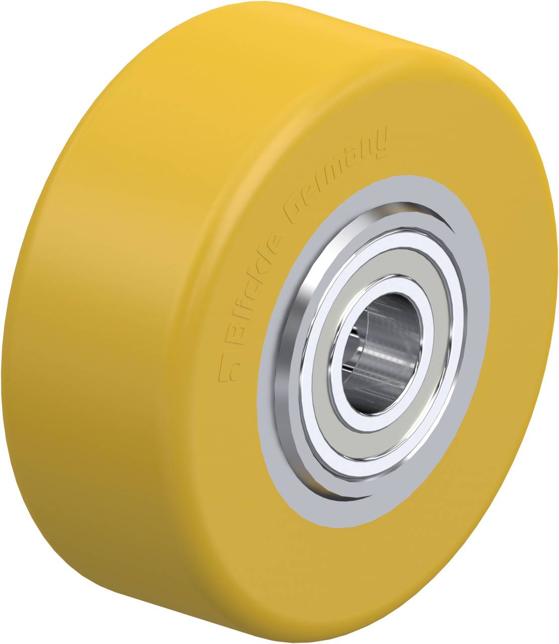 Gelbes Rad mit Metalllager in der Mitte. Das Rad ist glatt und zylindrisch, geeignet für industrielle Anwendungen.