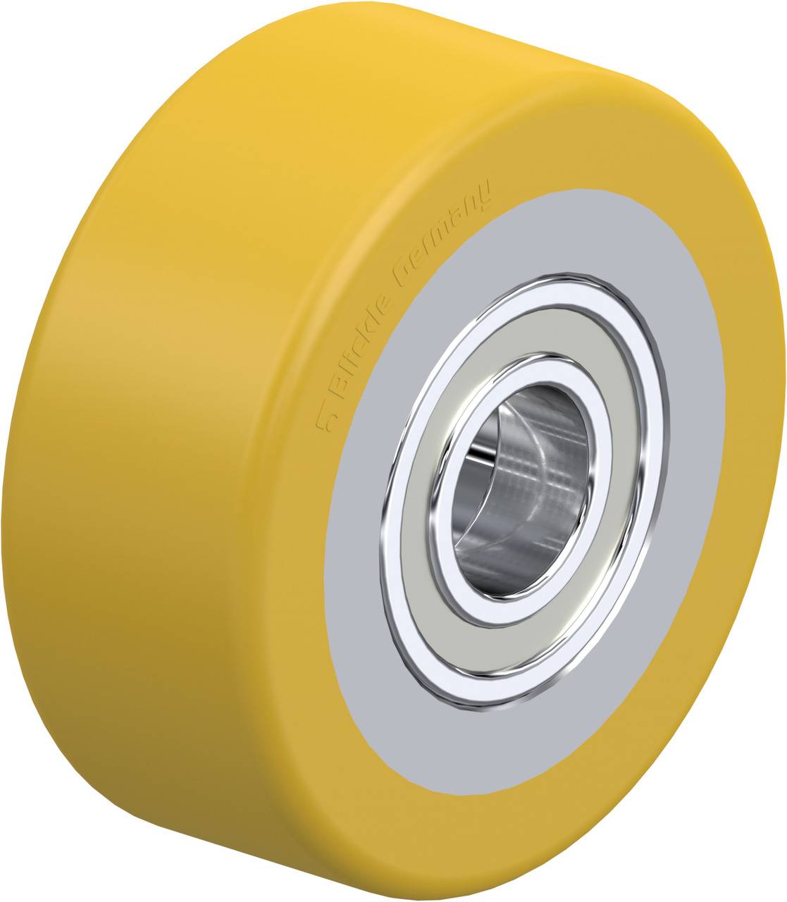 Gelbes Kunststoffrad mit Metallkugellager in der Mitte, für industrielle Anwendungen.