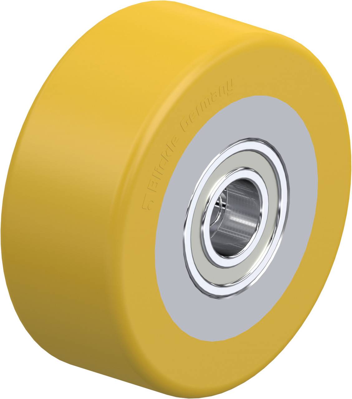 Gelbes Rad mit silbernem Kugellager in der Mitte, geeignet für industrielle Anwendungen.