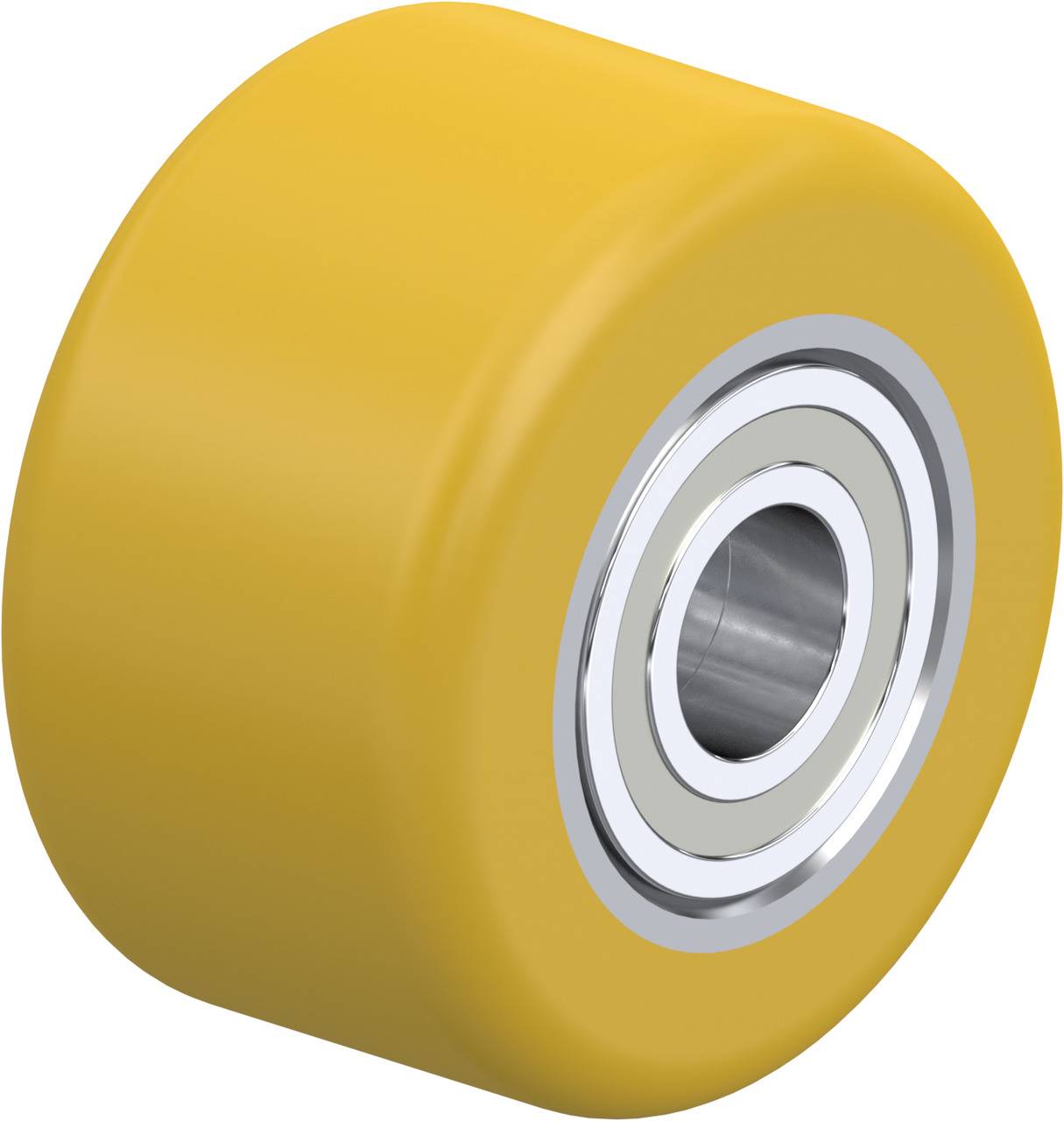 Gelbes Rad mit Metallkern und Lager, verwendet für Skateboards oder Rollschuhe.