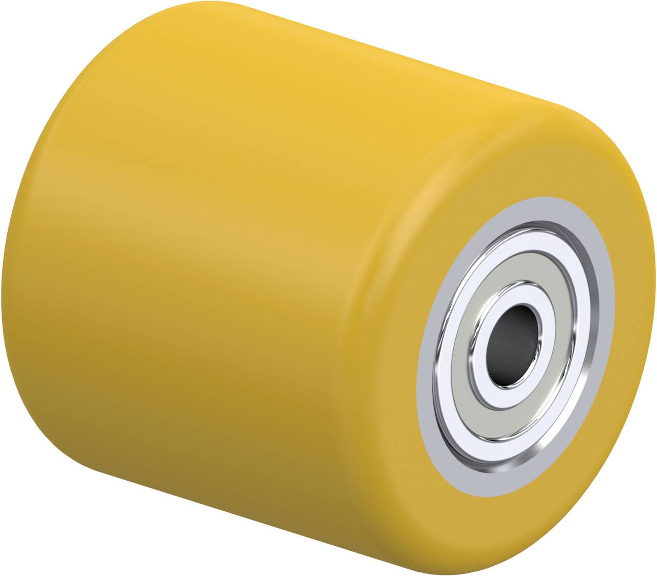 Gelbes Skateboard-Rad mit silberner Metallhalterung, zylindrische Form.