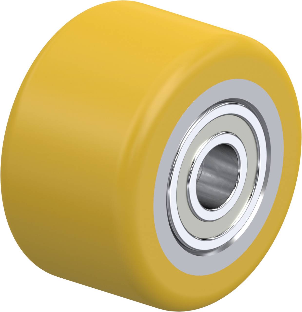 Ein gelbes Rad mit Metallkugellager, oft für Rollschuhe oder Skateboards verwendet.