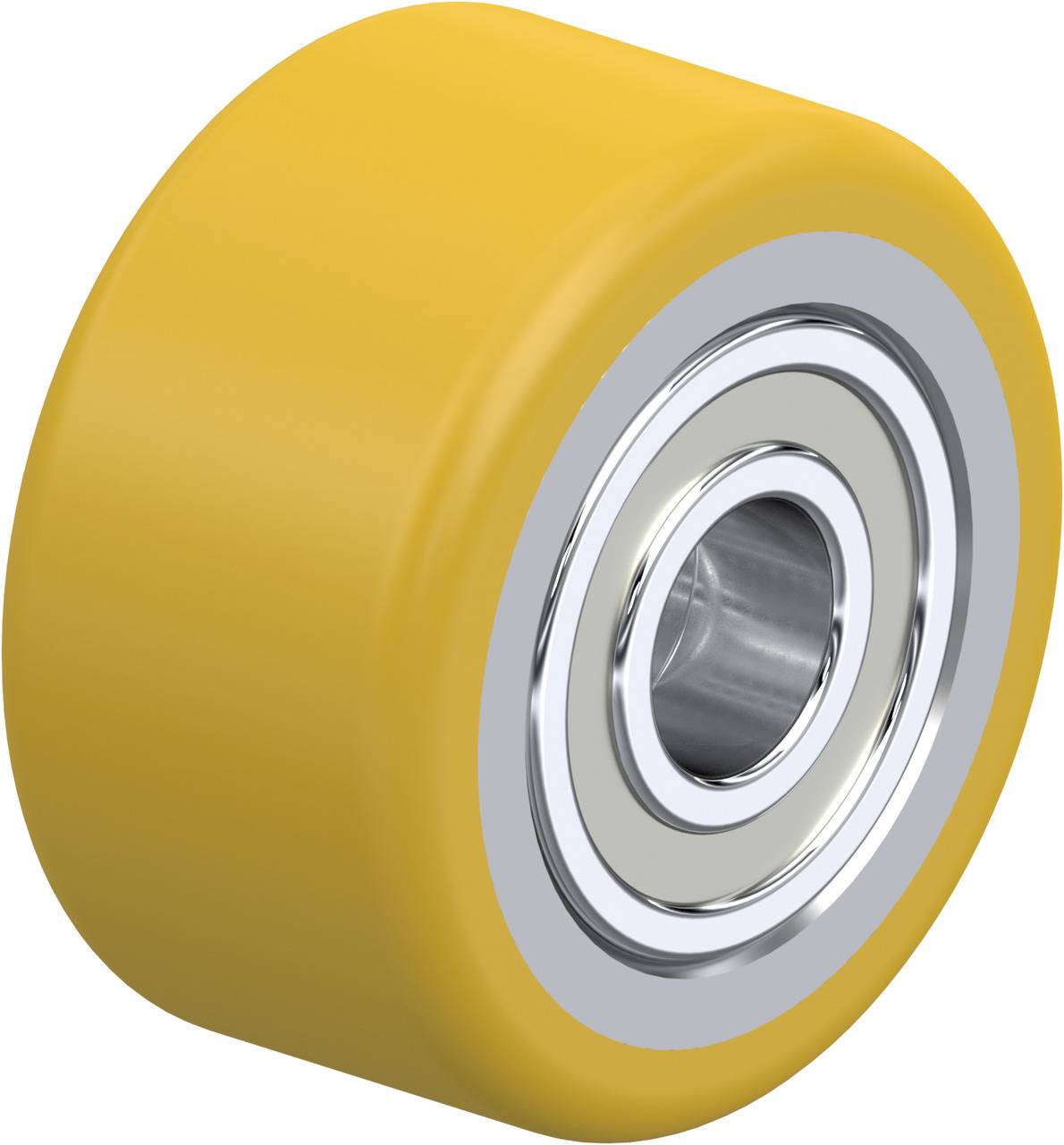 Gelbes Rad mit Metalllager in der Mitte, geeignet für Rollensysteme oder Maschinen.
