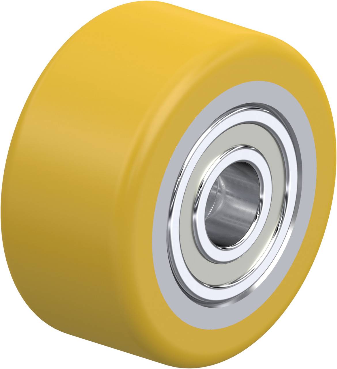 Gelbes Rad mit silbernem Kugellager in der Mitte, häufig verwendet in Rollern oder Skateboards.