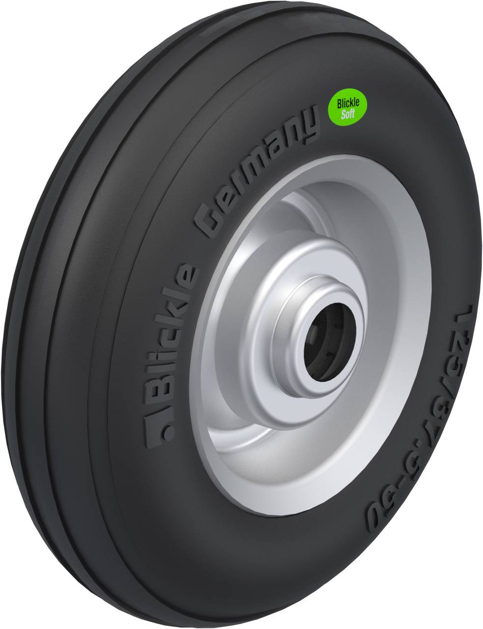 Industrie-Rollenrad mit schwarzem Reifen und Metallfelge, geprägt mit 'Blickle Germany'. Grüner Aufkleber mit 'Blickle Soft'.