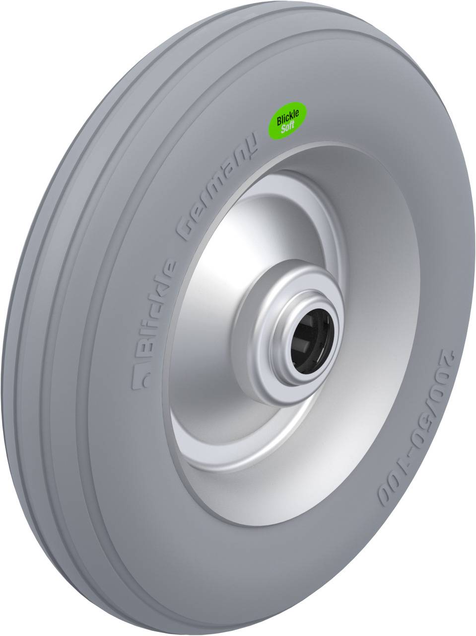 Industrierad mit grauem Gummimantel, Beschriftung 'Blitzle Bolt'.