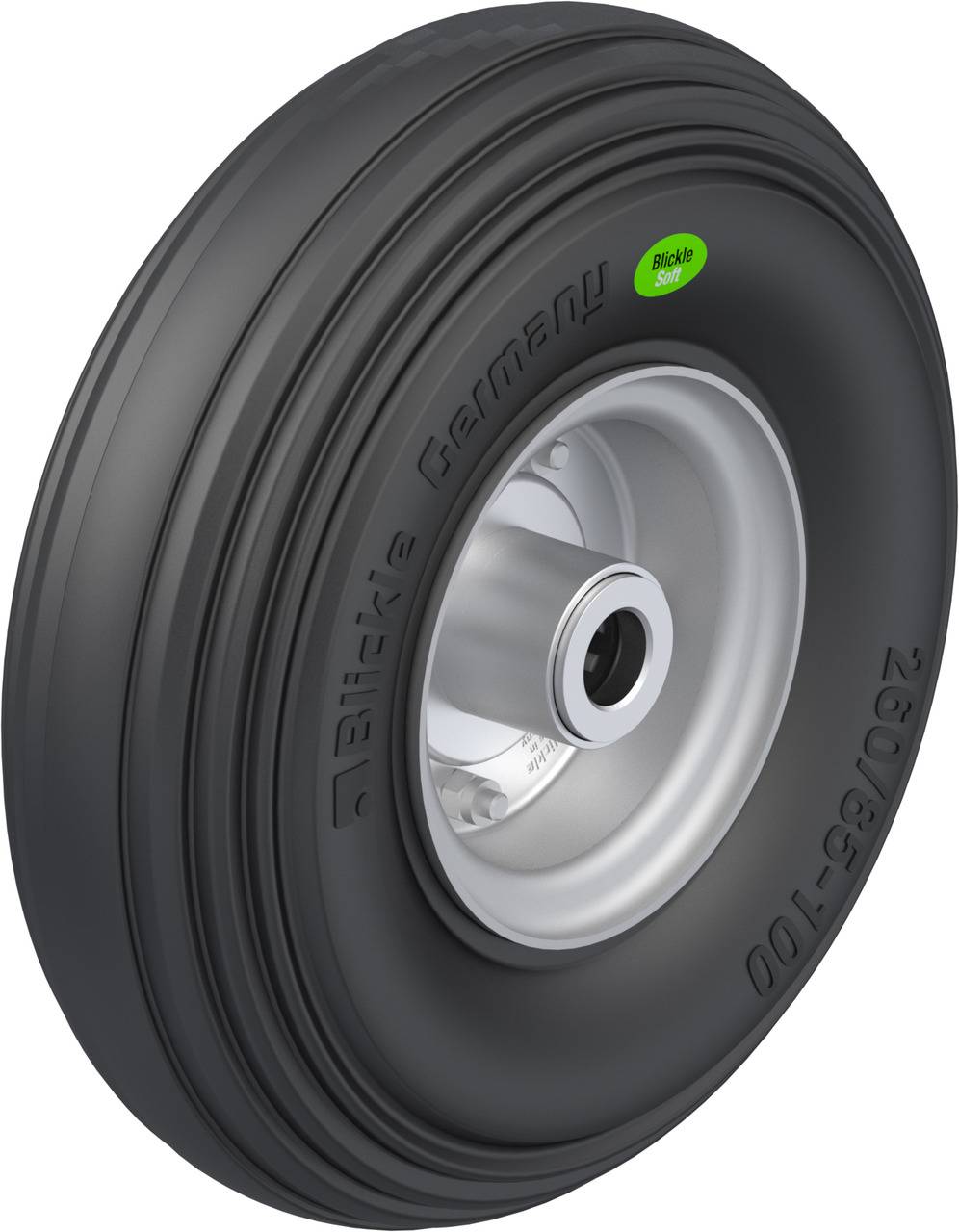Ein schwarzes Reifenrad mit silberner Felge von Blickle Germany, geeignet für 260/85-100. Ideal für Transportgeräte.