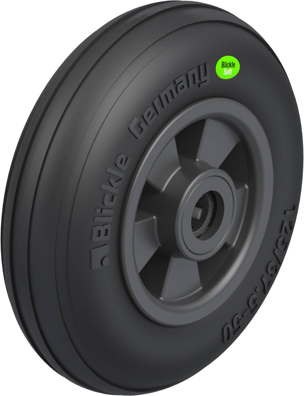 Schwarzes, rundes Rad mit grauer Felge, beschriftet mit 'Blickle Germany', grünem 'Blickle Soft'-Aufkleber.
