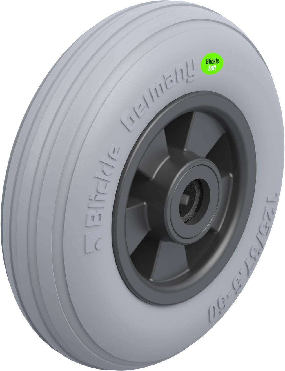 Graues Rad mit der Aufschrift 'Blickle Soft' und 'Elastec Germany'. Es zeigt ein glattes Profil und eine zentrale Achsaufnahme.