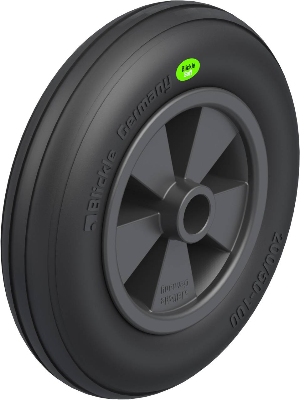 Schwarzes Rad mit grauer Felge, beschriftet mit 'Blickle Germany' und '200x50-100'. Ein grüner Punkt trägt den Text 'Blickle Soft'.