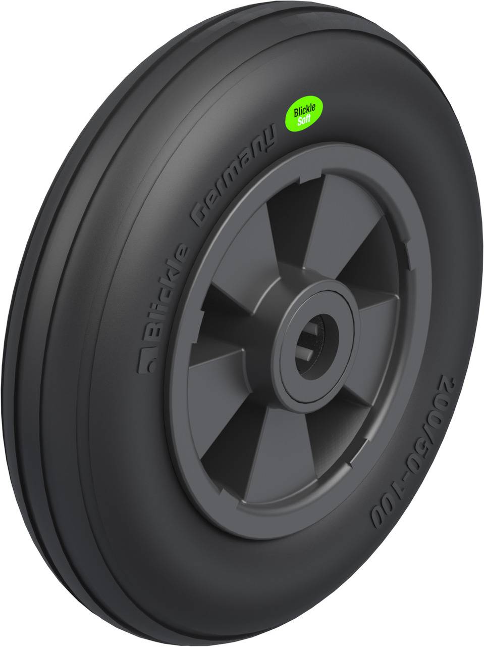 Industrie-Rad 'Blickle' mit gummierter Lauffläche, seitlicher Aufschrift. Robust und geeignet für schwere Lasten oder Maschinen.