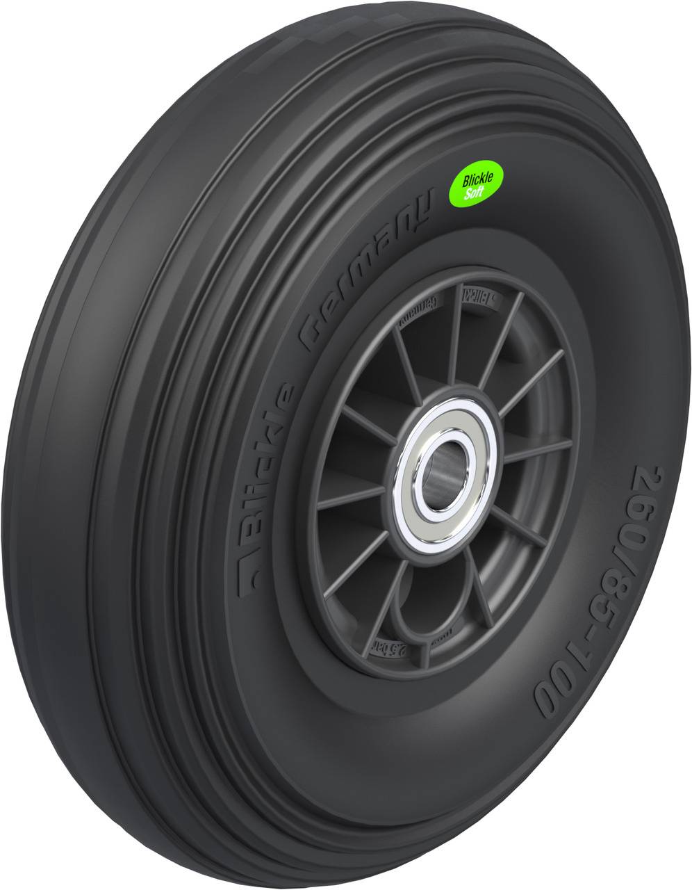 Schwarzes Flugzeugrad mit der Aufschrift 'Blickle Germany', Seitenansicht. Eignet sich für die Verwendung in der Luft- und Raumfahrt.