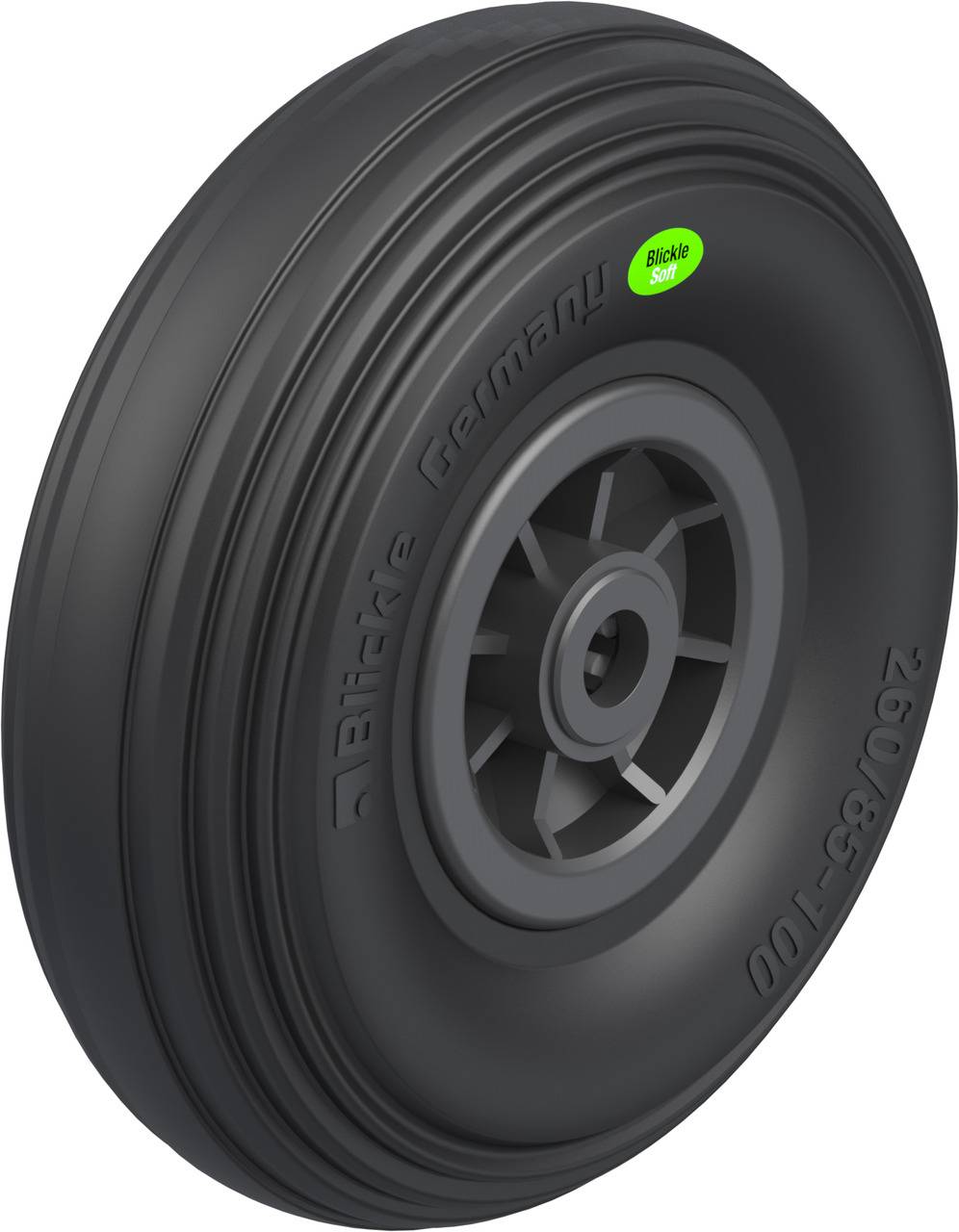 Schwarzes, geripptes Gummi-Rad mit Kunststofffelge; Aufschrift 'Blickle Germany' und grünem Etikett 'Blickle Soft'.