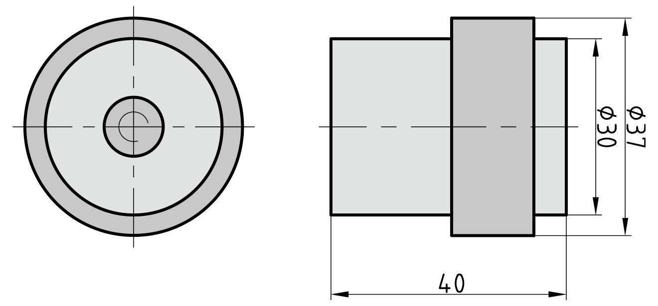 Technische Zeichnung eines zylindrischen Teils in zwei Ansichten. Die Vorderansicht zeigt konzentrische Kreise mit Abmessungen. Die Seitenansicht zeigt Details zur Höhe und zum Durchmesser: 40 bzw. 37 Einheiten.