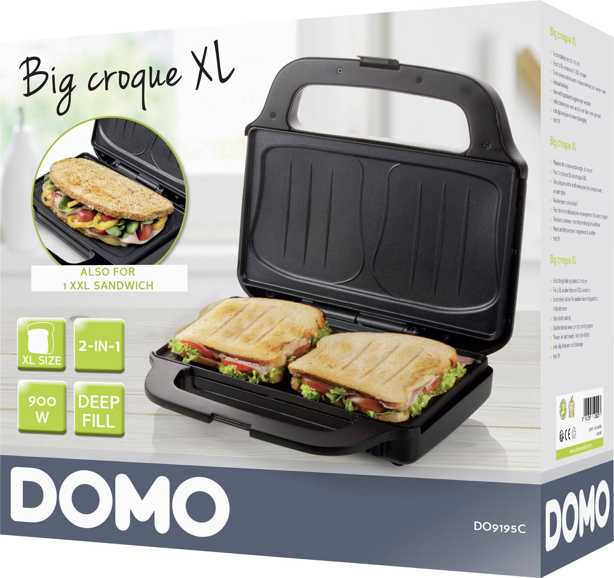 Verpackung eines Sandwichmakers 'Domo Big croque XL', zeigt das Gerät mit zwei Sandwiches und betont seine 2-in-1-Funktion.