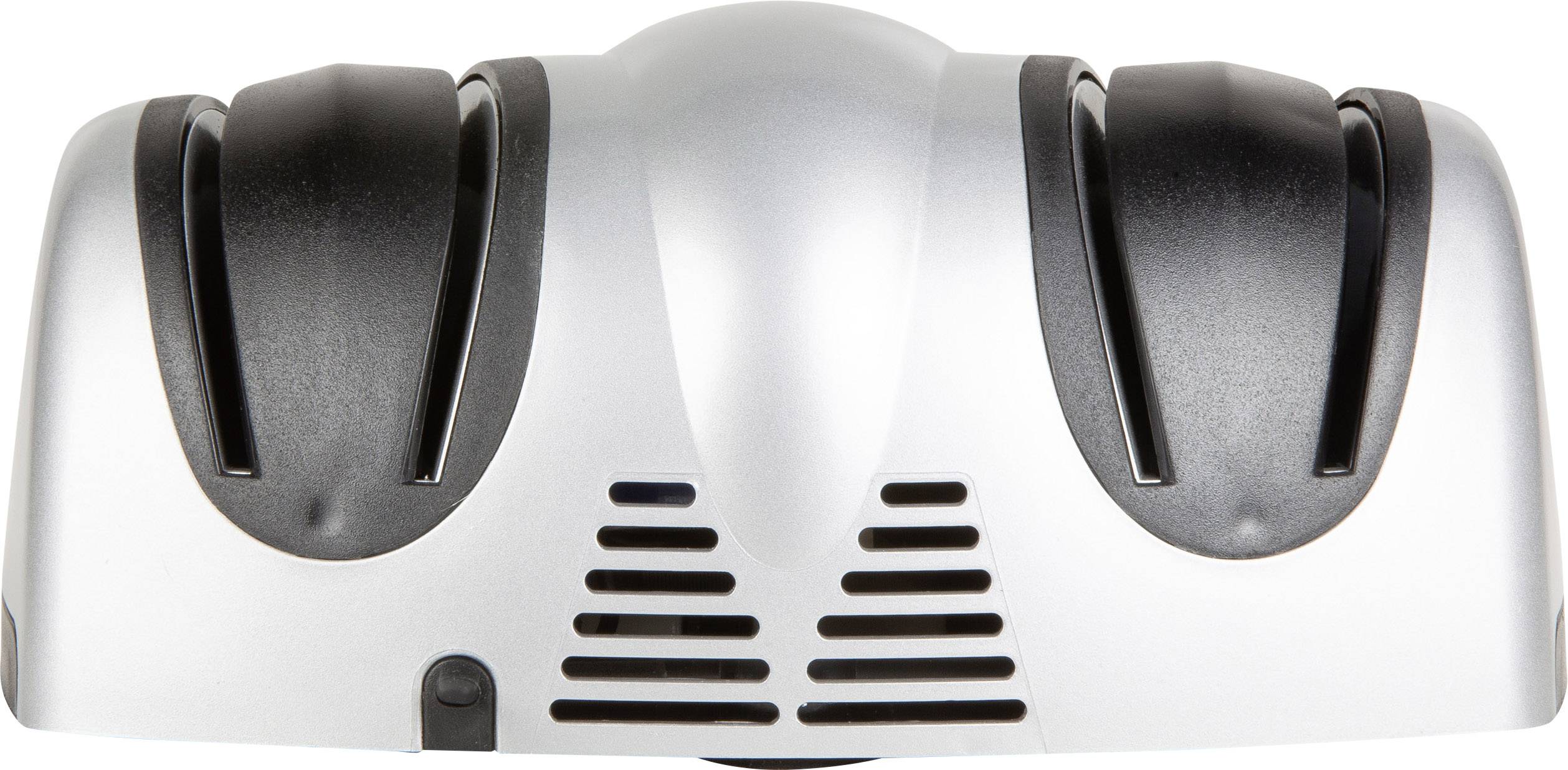 Ein silbernes, rechteckiges Gerät mit Lüftungsschlitzen und zwei schwarzen Rillen, möglicherweise ein Kühl- oder Belüftungssystem.