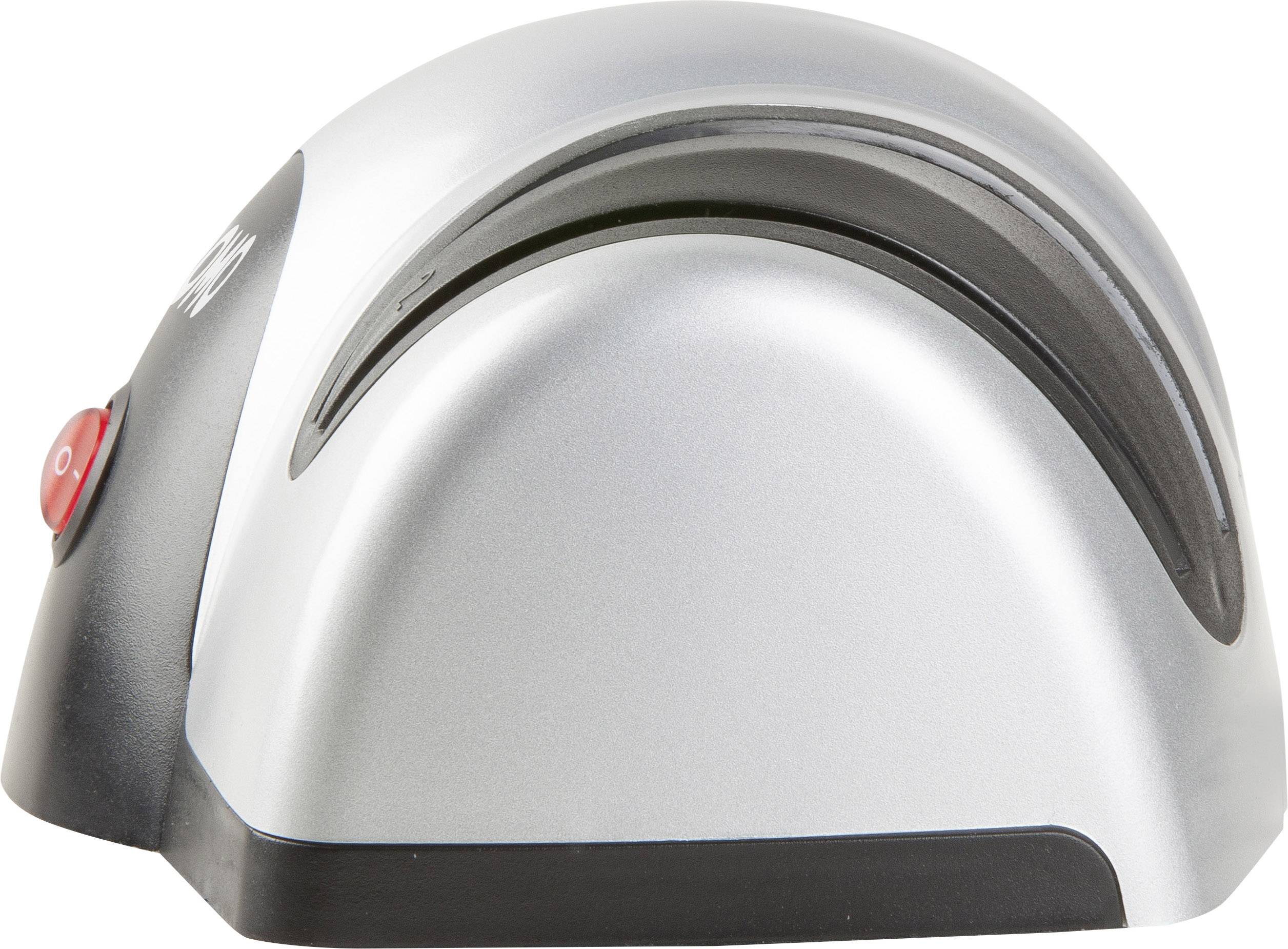 Elektrischer Messer- und Scherenschärfer mit silbernem Gehäuse und rotem Ein-/Ausschalter, seitlich abgebildet.