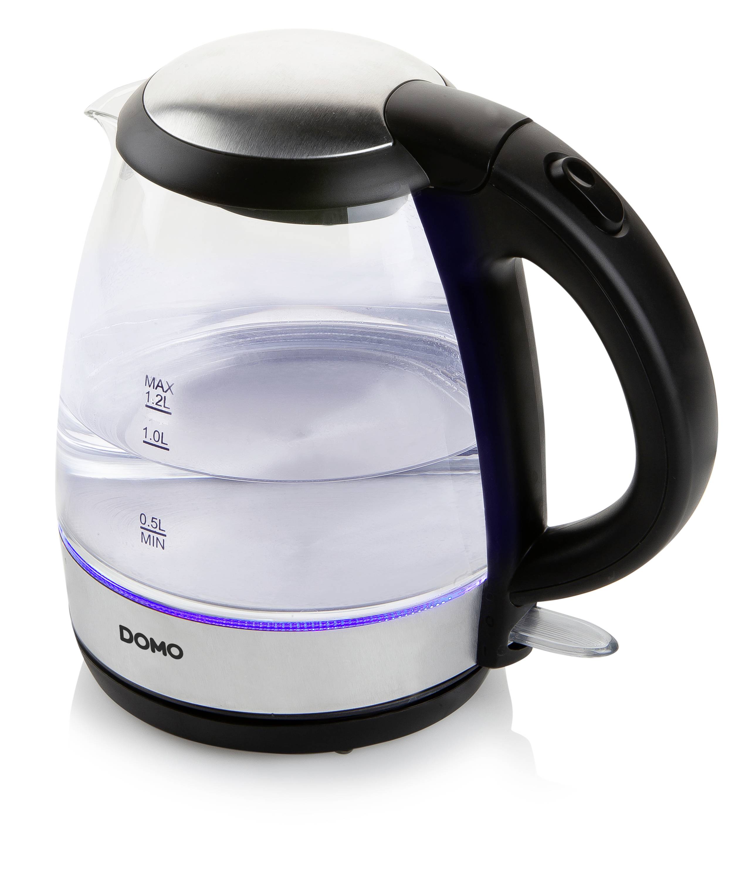Ein transparenter Wasserkocher mit schwarzem Griff und silbernem Deckel. Füllstandslinien zeigen bis zu 1,2 Liter Wasser an.