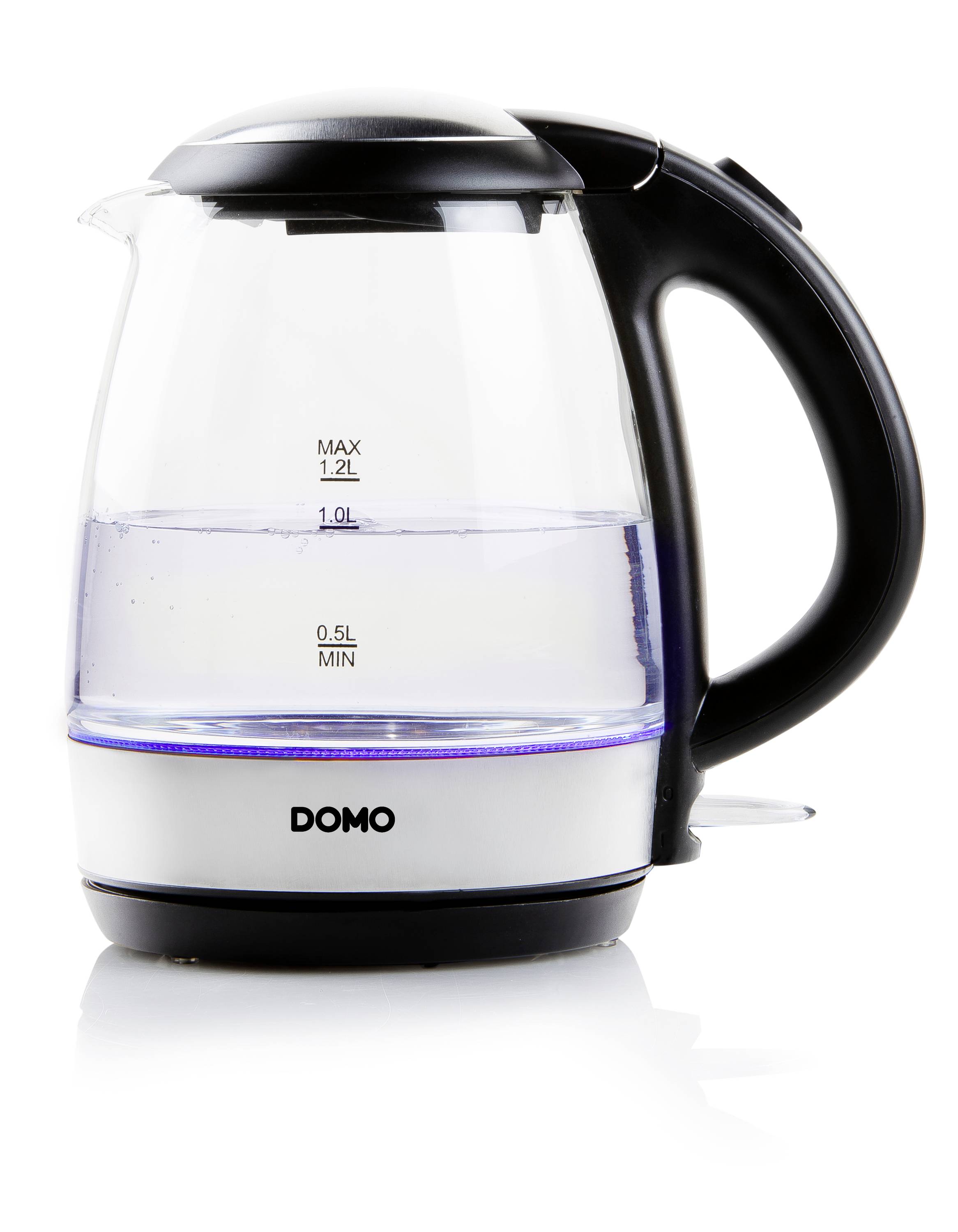 Ein transparenter Wasserkocher mit schwarzem Griff und Deckel, Wasserstandsanzeige an der Seite, zeigt Füllstand zwischen 0,5 l und 1,2 l.