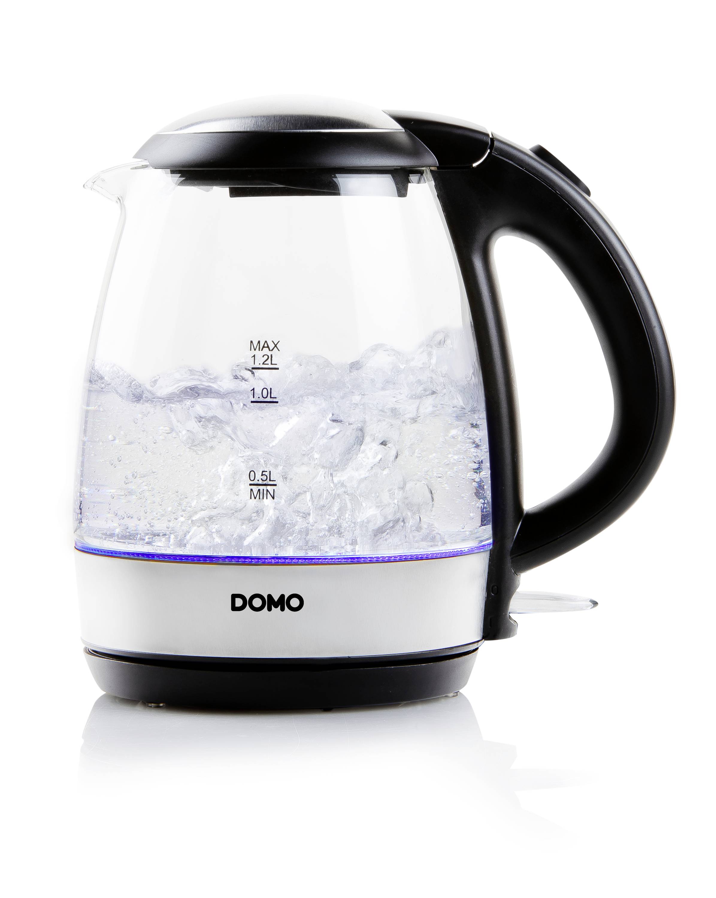 Wasserkocher aus Glas mit Wasser, das gerade kocht. Fassungsvermögen ist maximal 1,2 Liter.
