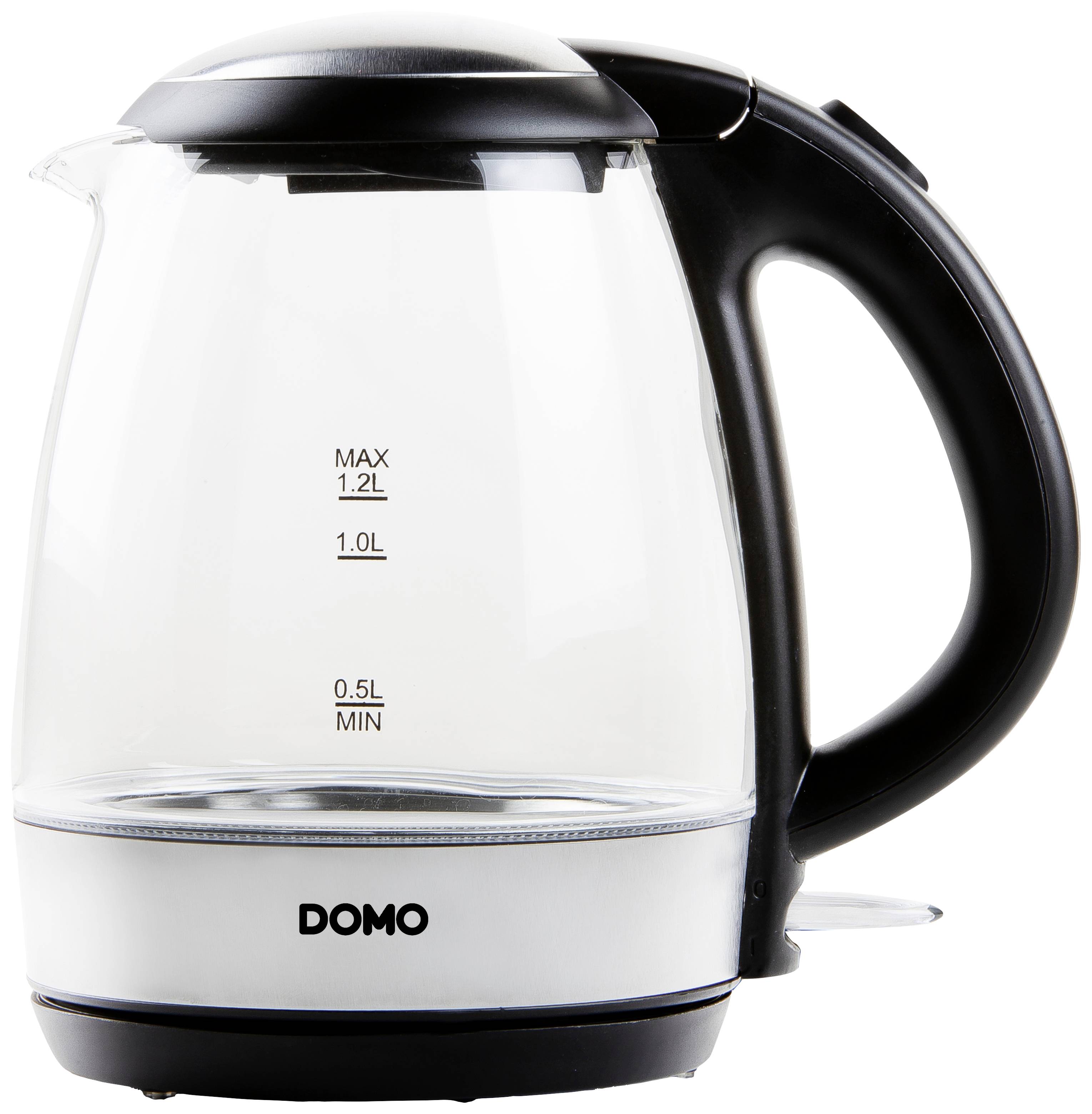 Ein Glaswasserkocher mit schwarzem Griff und Deckel, Markenname 'DOMO'. Kapazitätsmarkierungen 0,5L bis 1,2L auf der Seite.