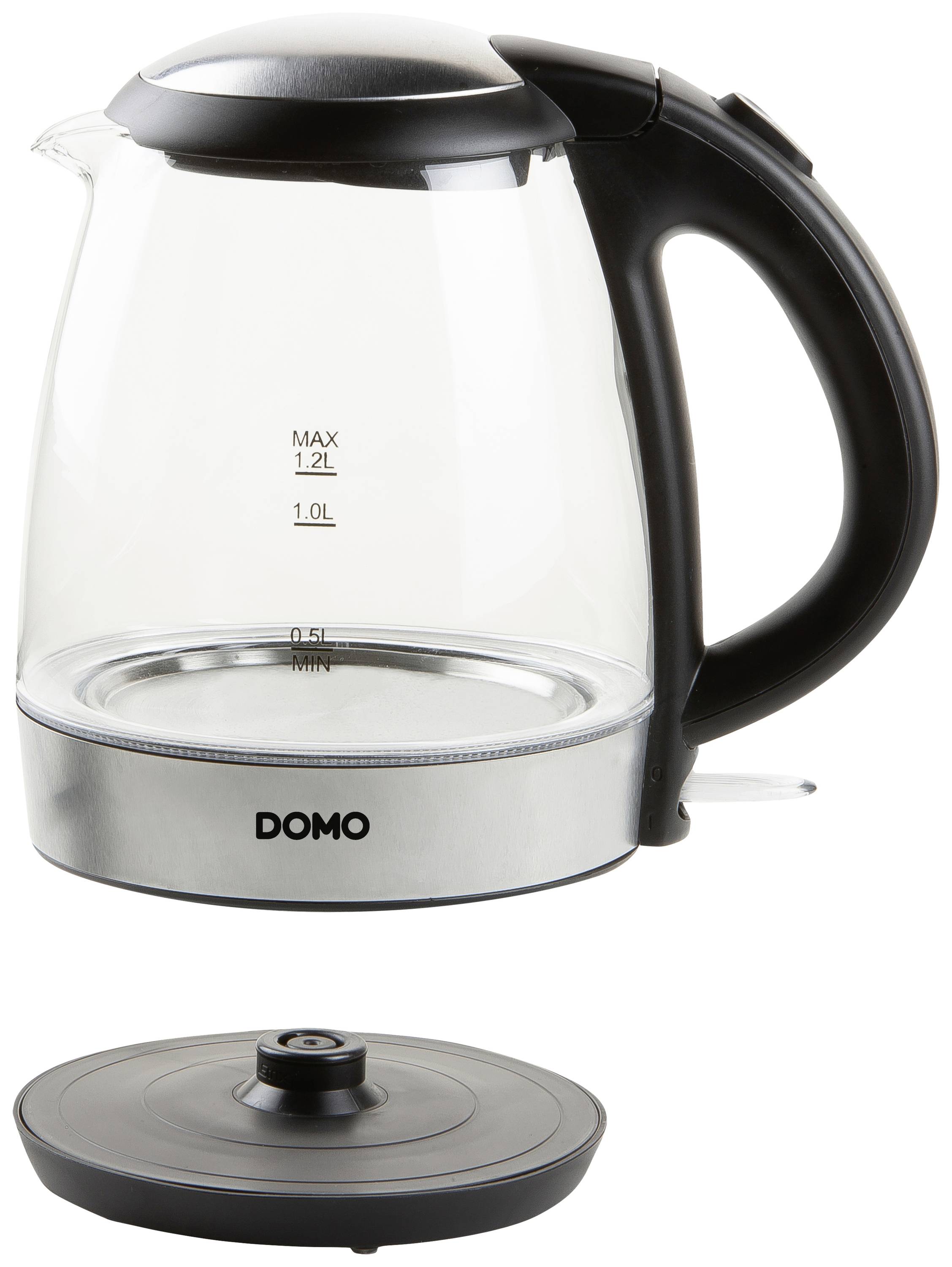 Wasserkocher aus Glas mit schwarzem Griff und Deckel. Kapazitätsskala markiert 0,5, 1,0 und 1,2 Liter. Marke: DOMO.