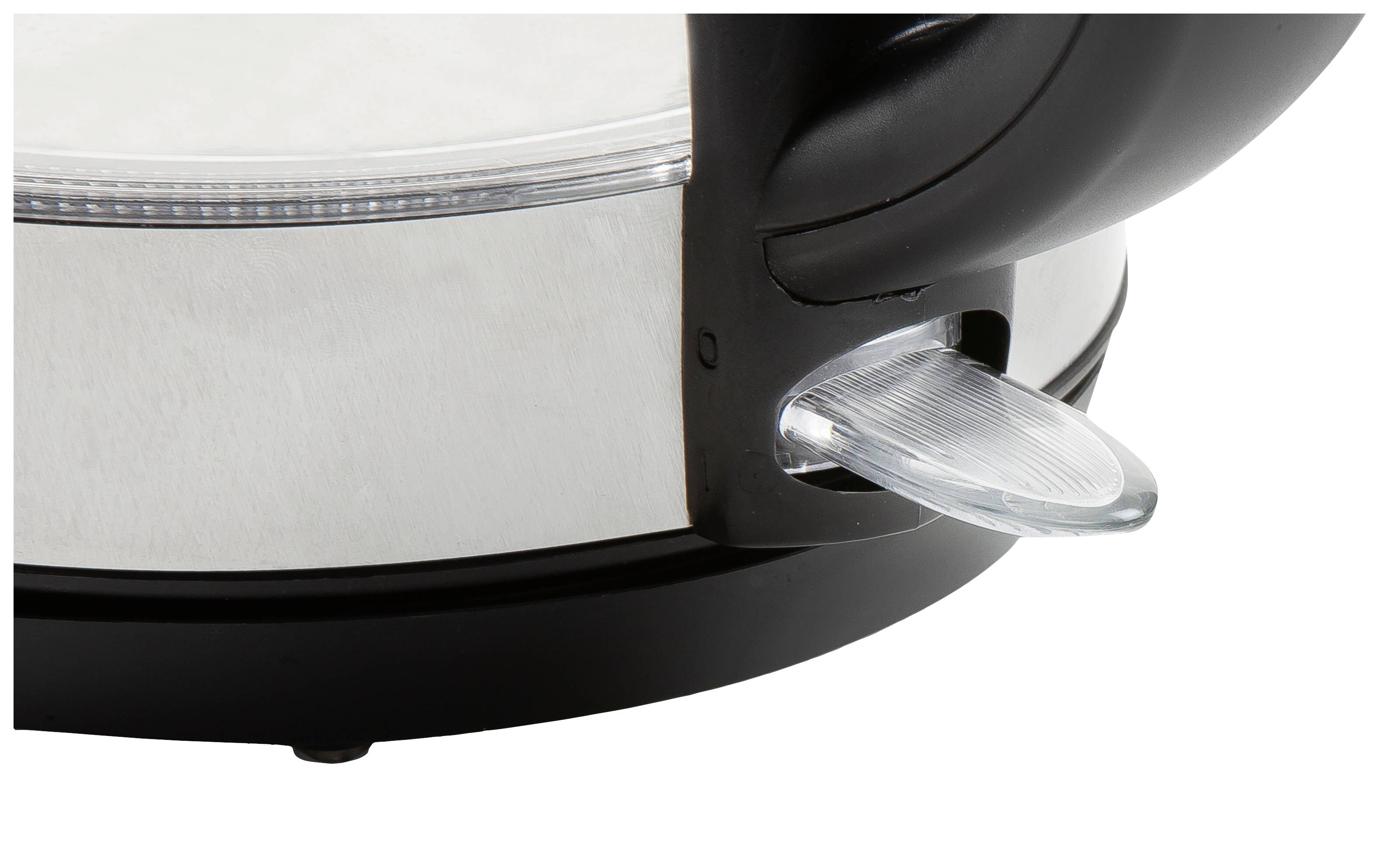 Nahaufnahme eines Teekessel-Schalters im Ein-/Ausschaltzustand. Der Schalter ist aus klarem Kunststoff und an den Metallkörper des Wasserkochers angebracht.