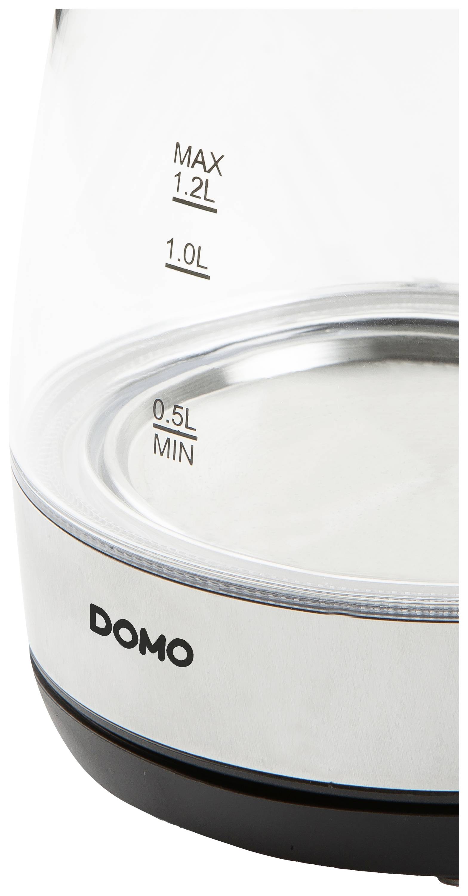 Ein Glaskessel mit einer Markierung für maximale Füllmenge bei 1,2 Litern. Darunter die Aufschrift 'DOMO'.
