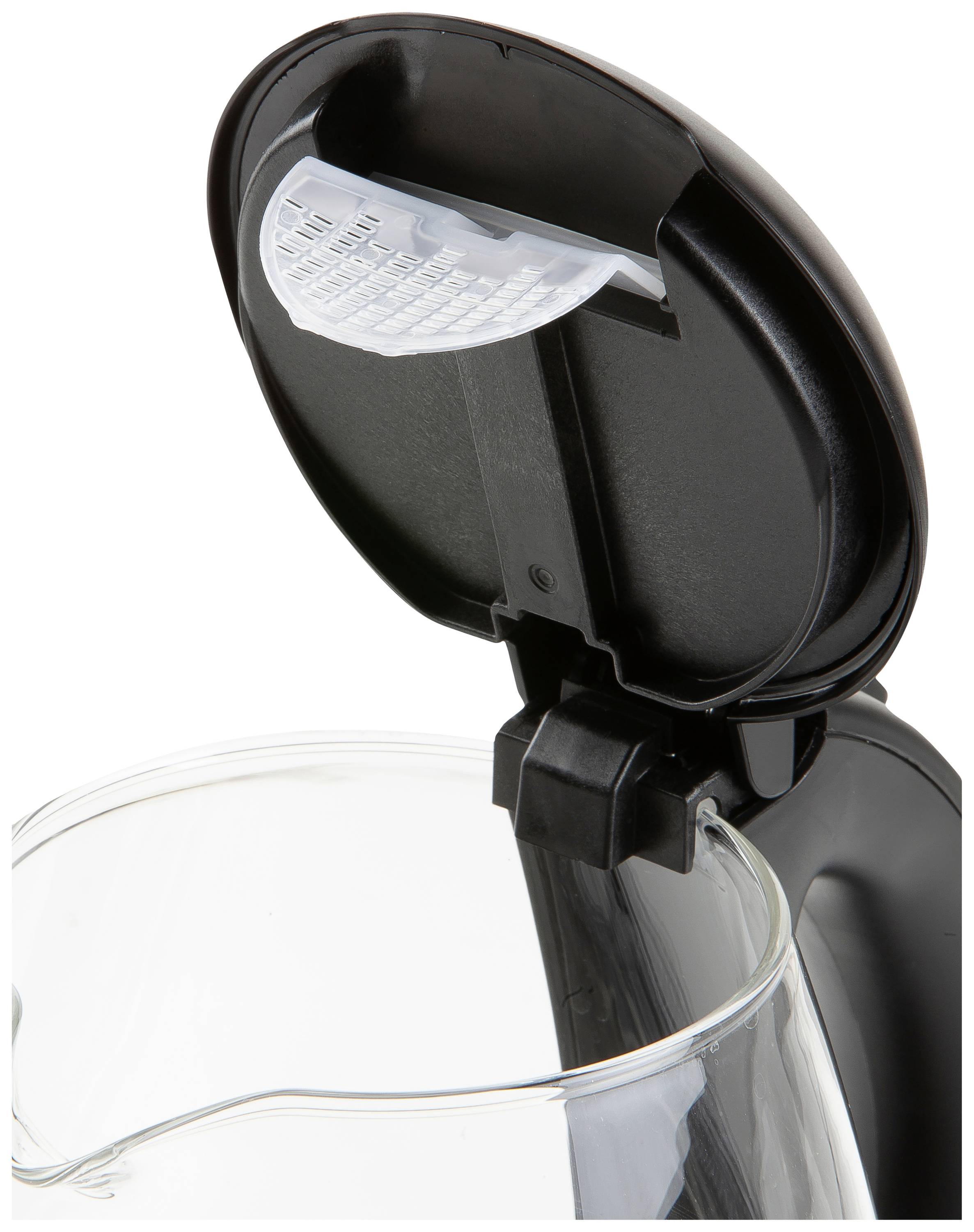 Ein Wasserkocher mit offenem Deckel, der das Innere zeigt, einschließlich einer Wasserstandsanzeige in der Einfüllklappe.