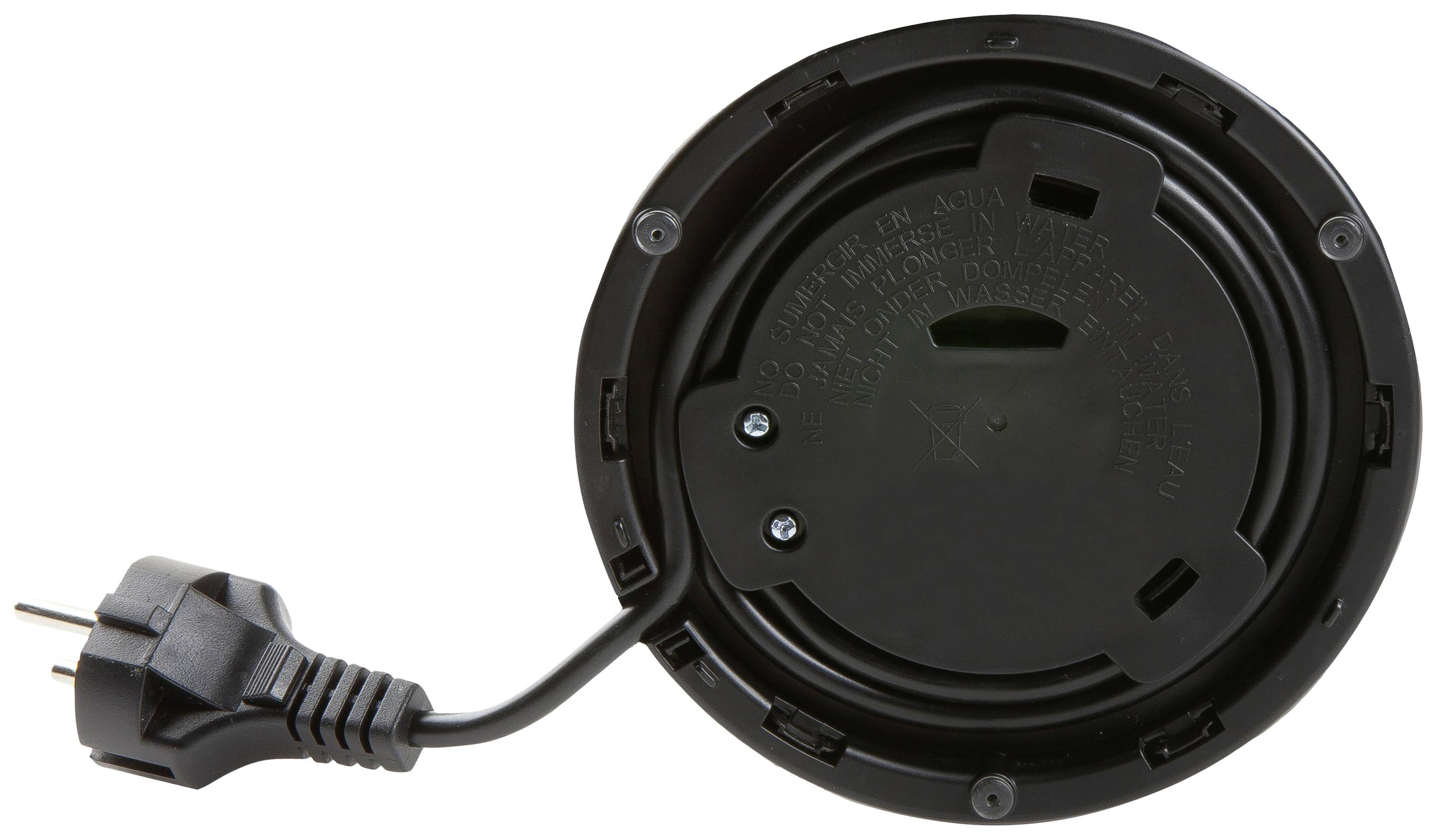 Schwarze Basis eines elektrischen Küchengeräts mit aufgewickeltem Kabel und Stecker, Ansicht von unten.